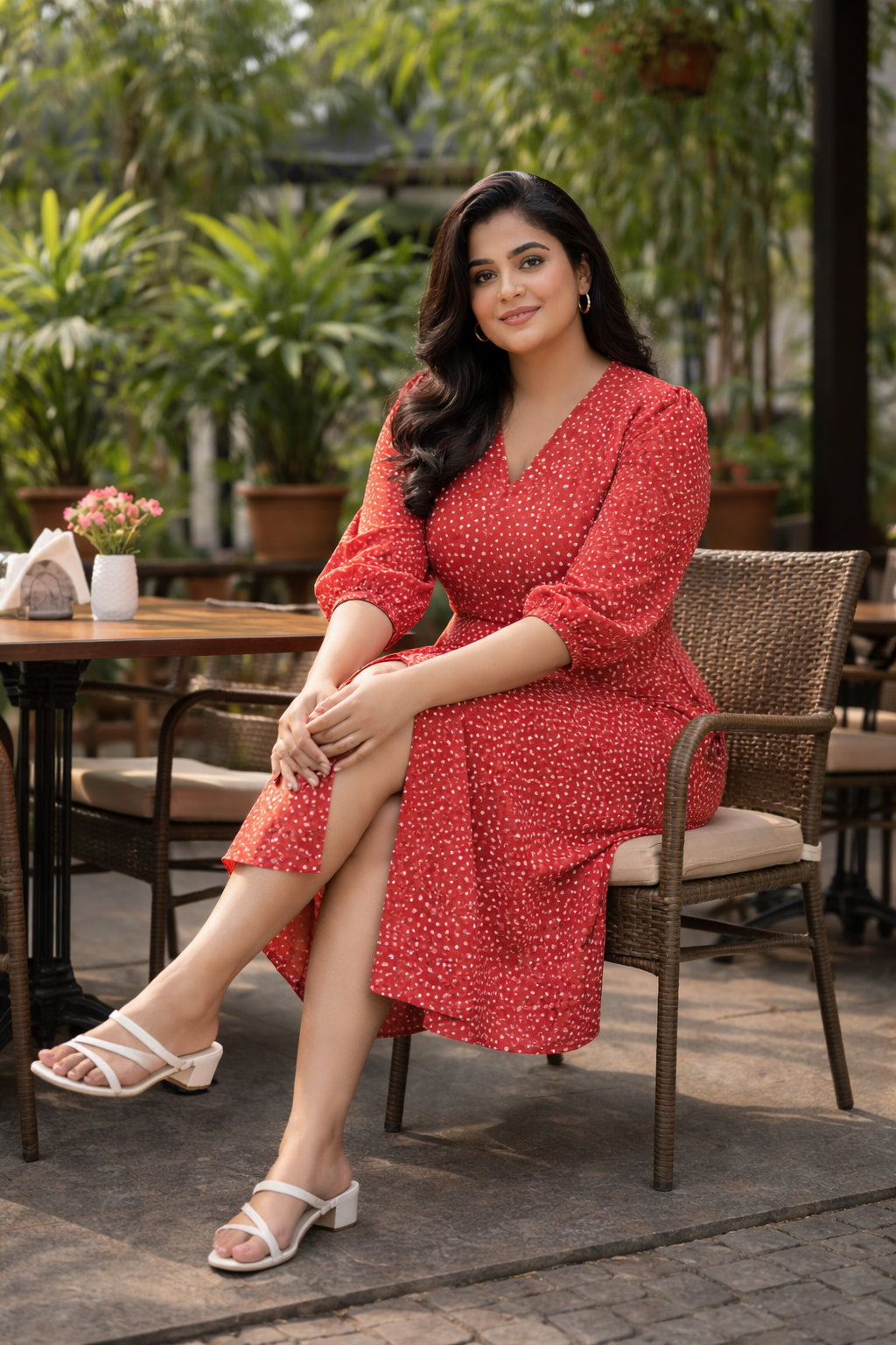 Trendy Red Animal Print Crepe Midi Dress – Party Perfect