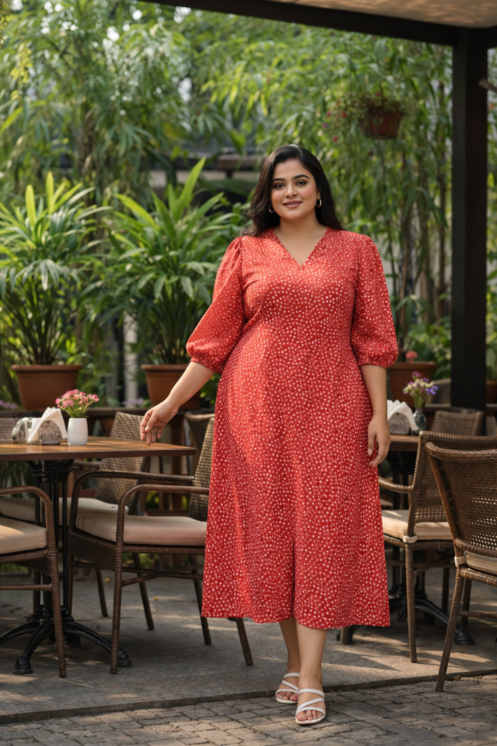 Trendy Red Animal Print Crepe Midi Dress – Party Perfect