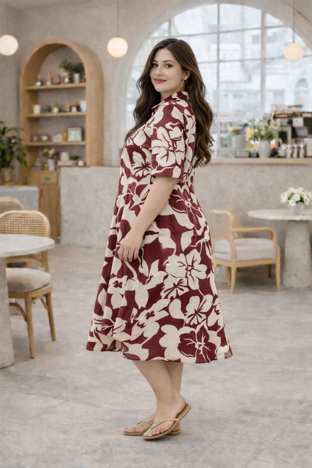 Brown & Beige Floral Print Linen Midi Dress