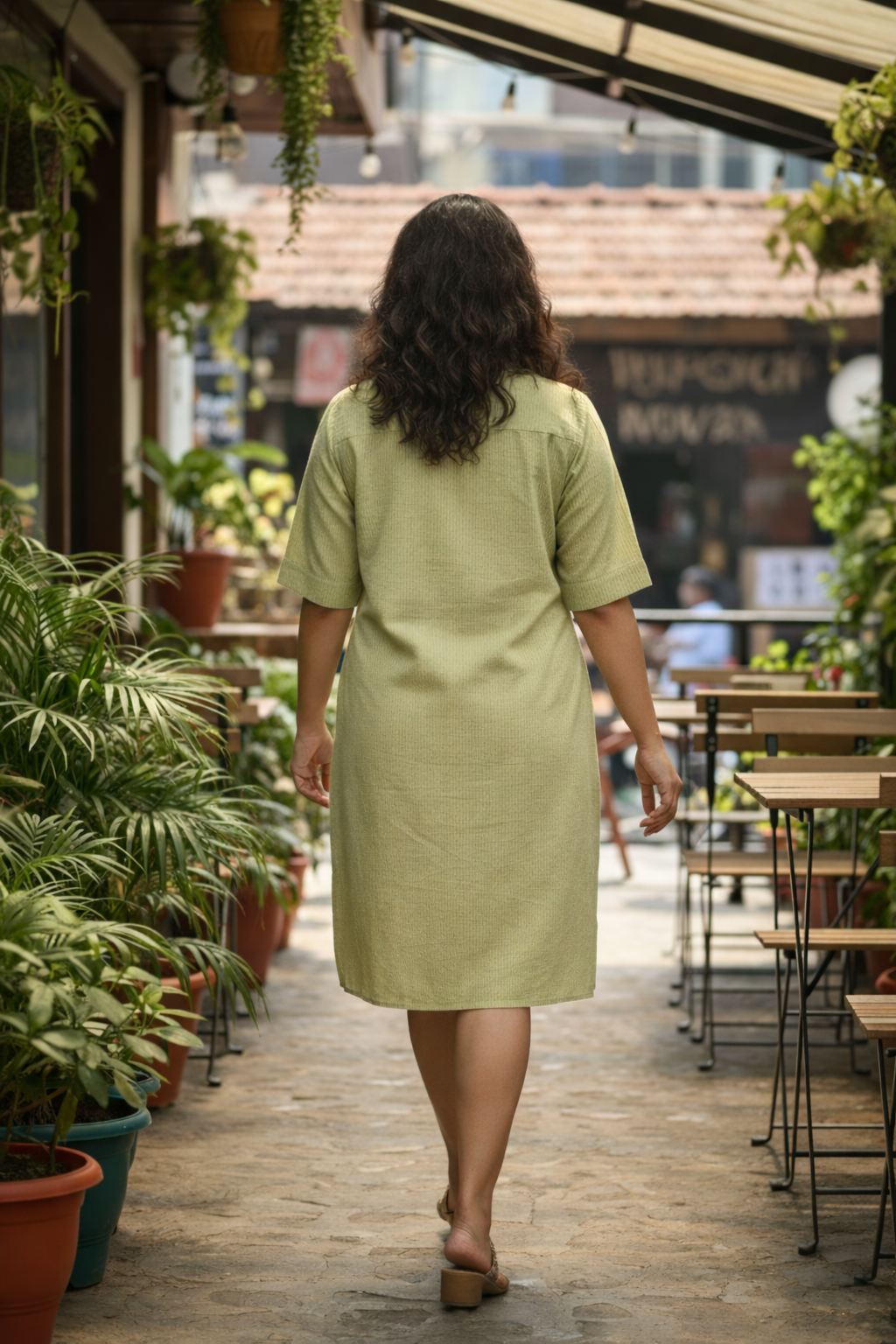 Green Kantha Cambric Cotton Dress with lining