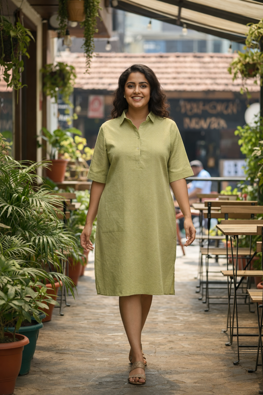 Green Kantha Cambric Cotton Dress with lining