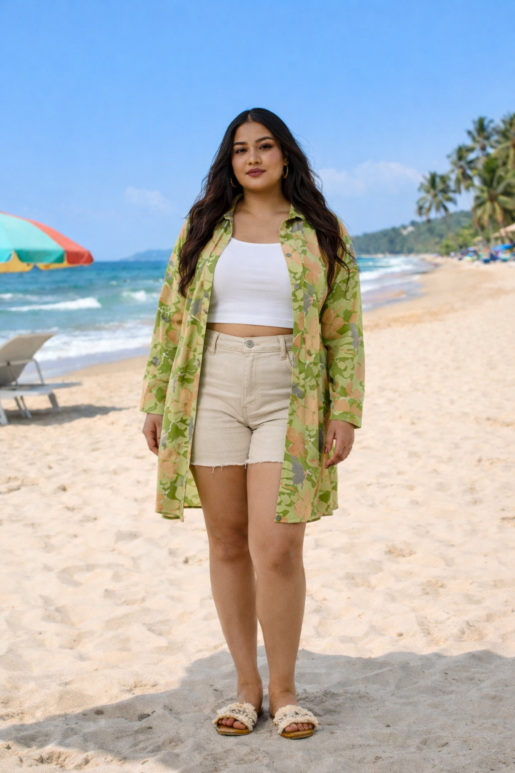 Lime Green Floral Linen Shirt Dress with Belt