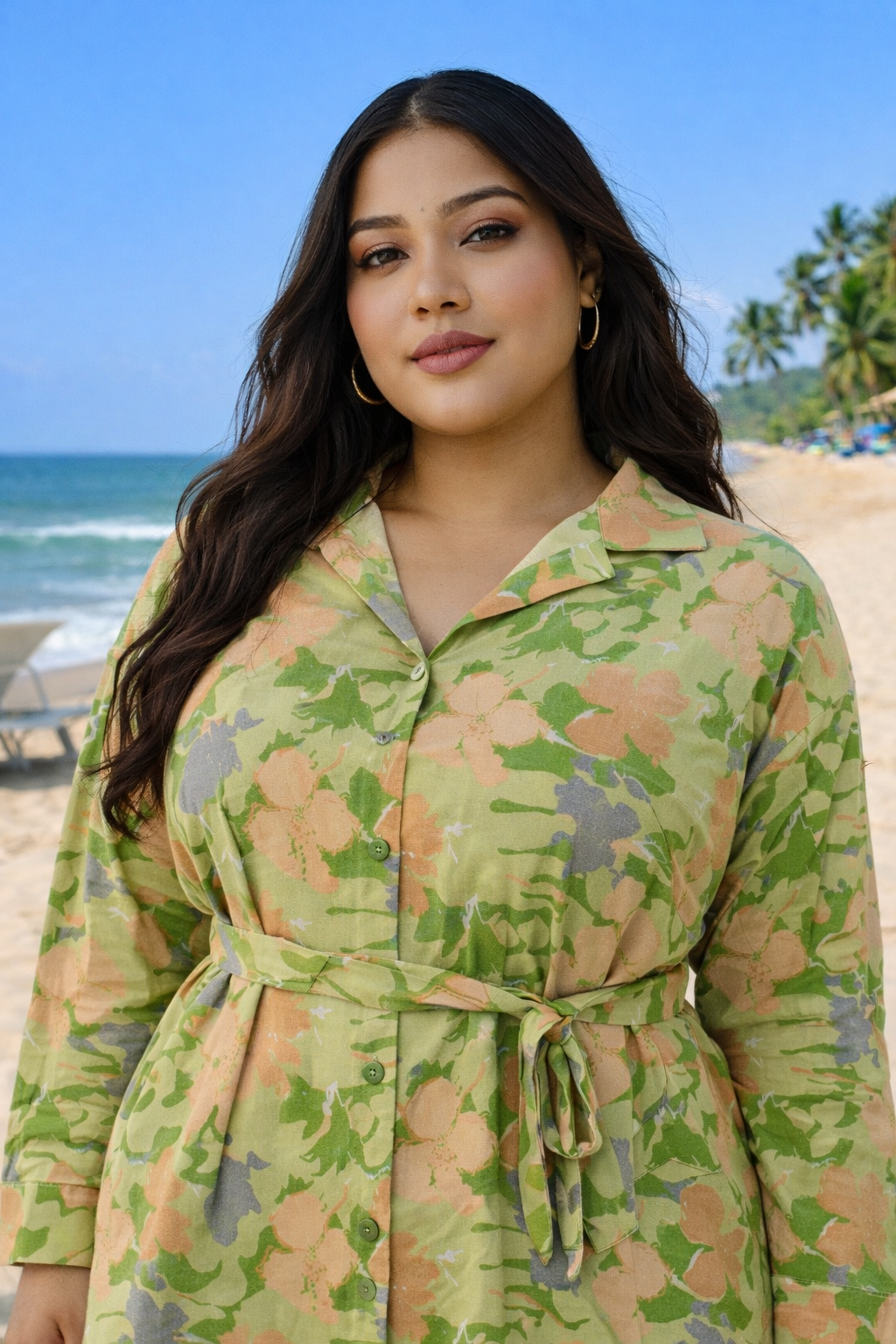 Lime Green Floral Linen Shirt Dress with Belt