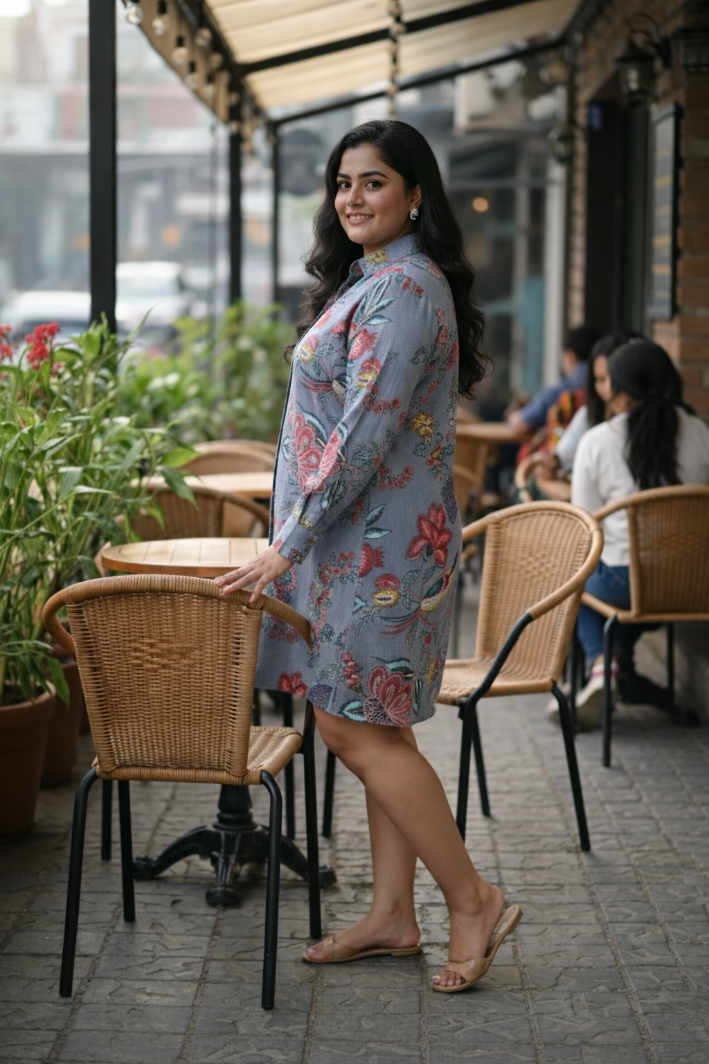 Grey Fruit Print Cotton Shirt Dress