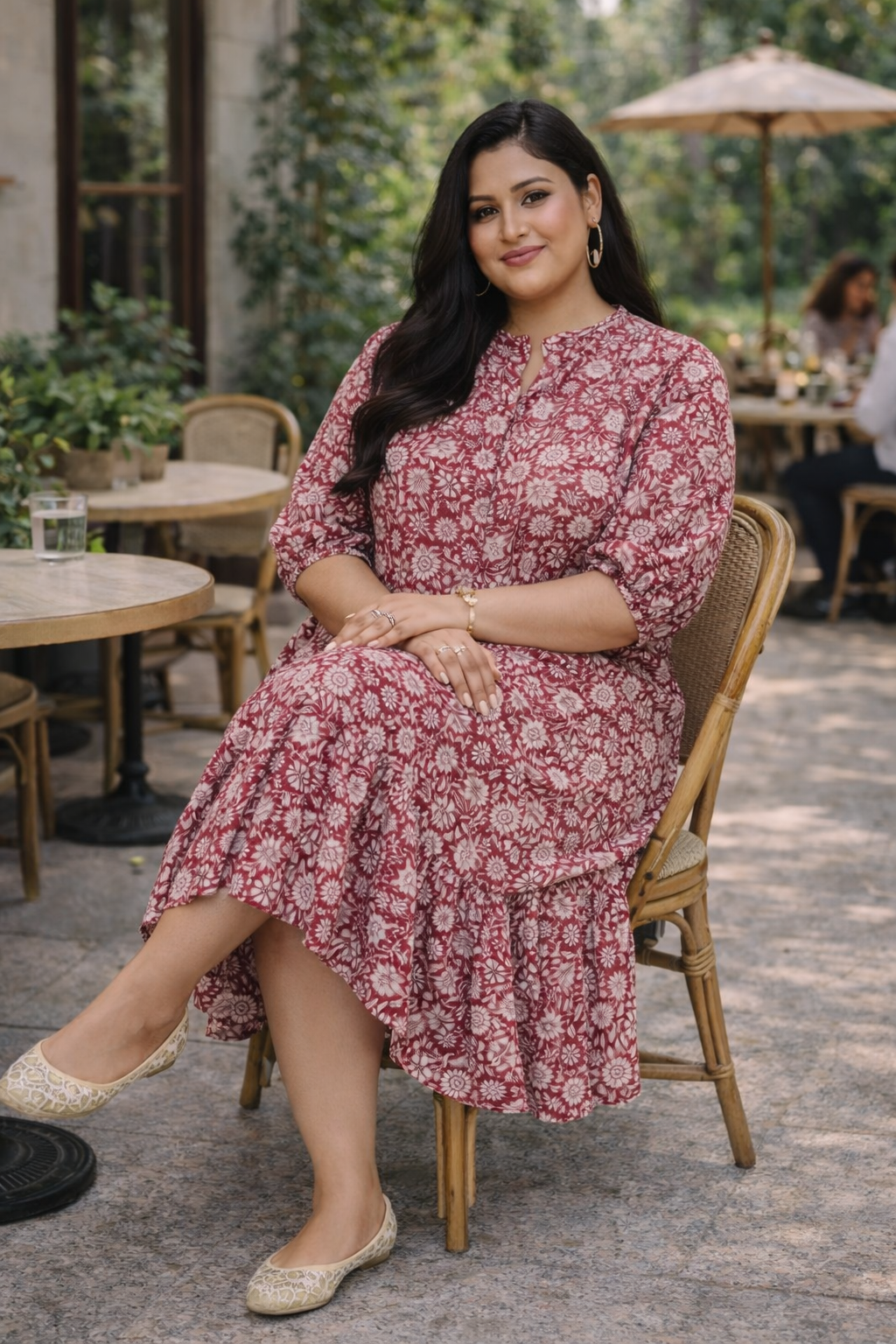 Red Floral Print Tiered Cotton Maxi Dress