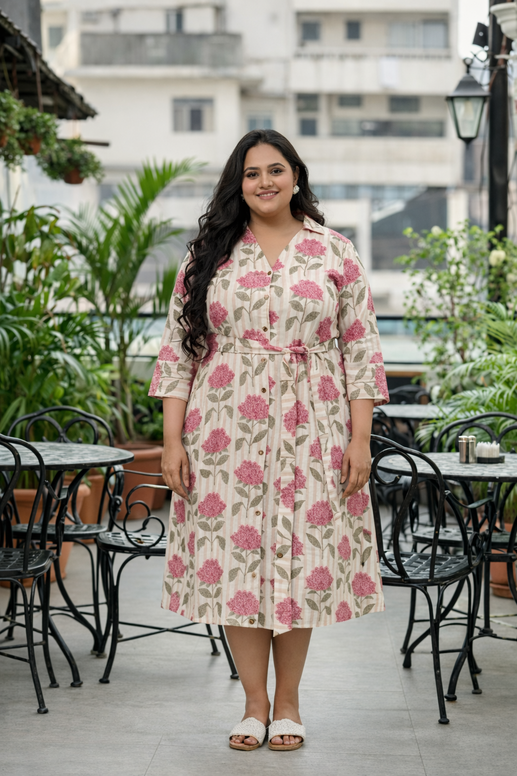 Chic Pink Floral Linen Shirt Dress with Belt – Elegant & Easy
