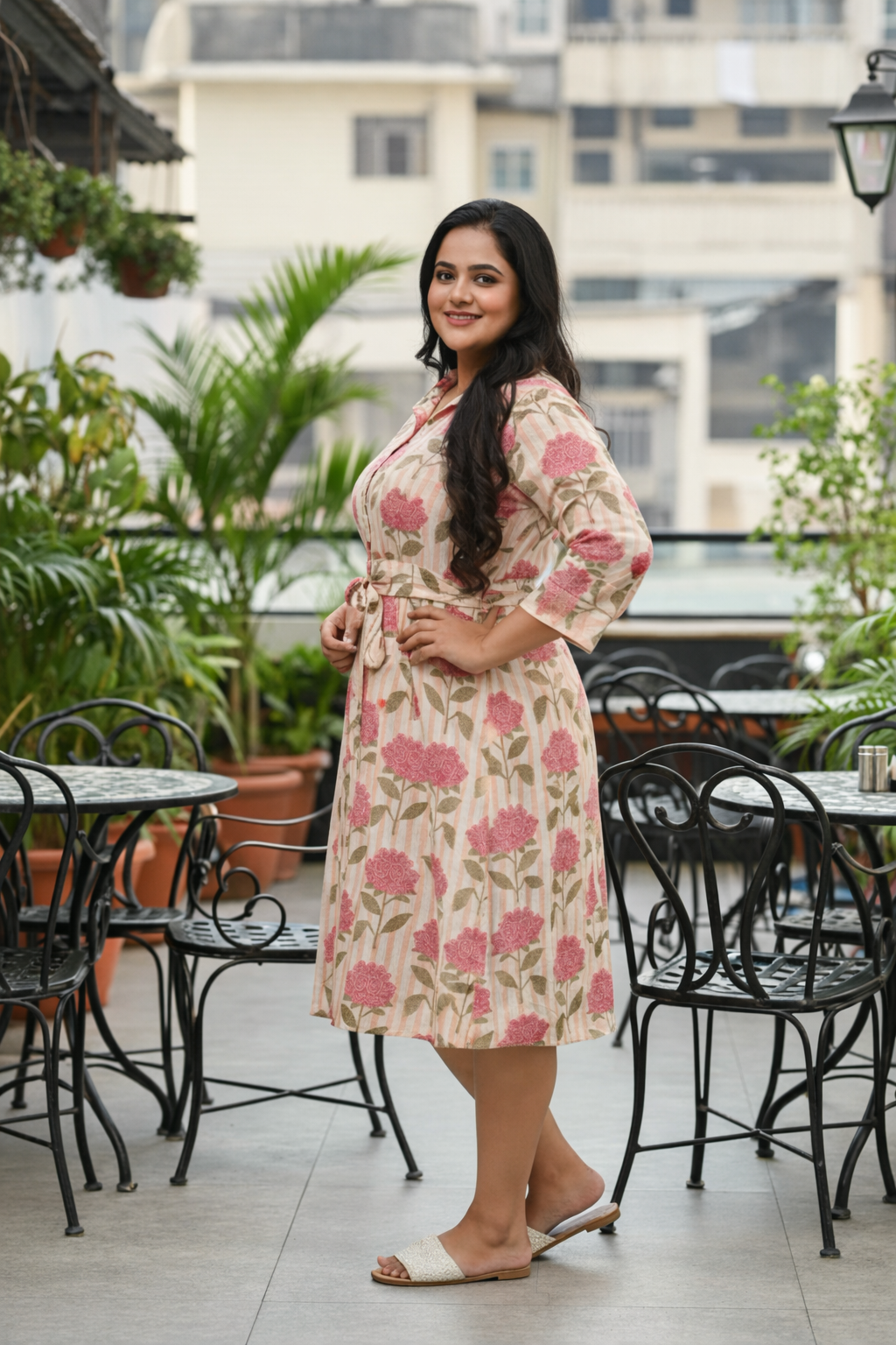 Chic Pink Floral Linen Shirt Dress with Belt – Elegant & Easy