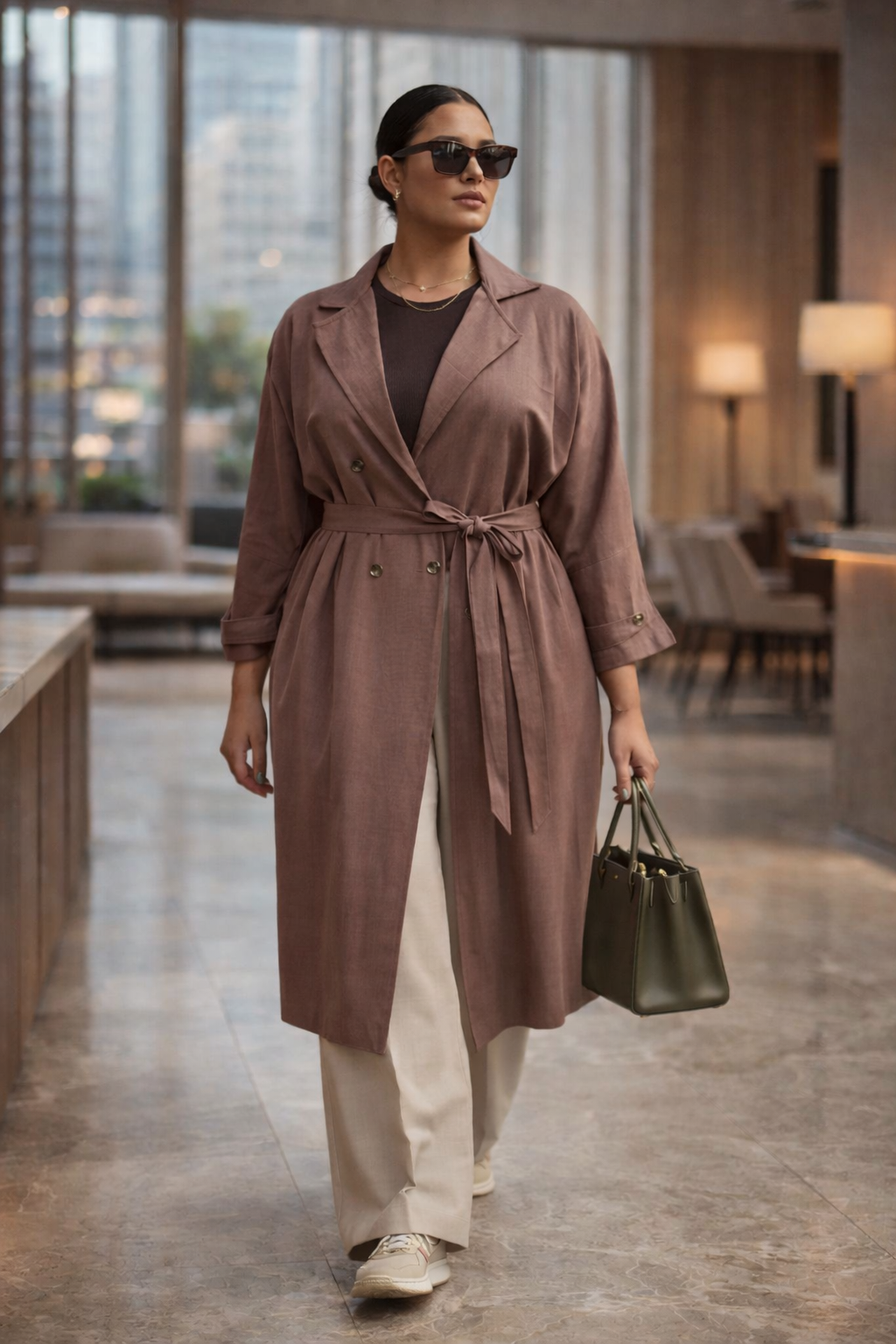 Plus Size Linen Long Trench Coat – Belted Smart Casual Coat