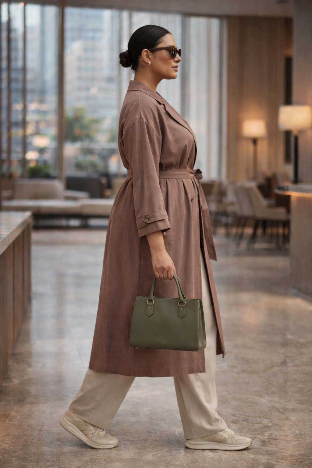Plus Size Linen Long Trench Coat – Belted Smart Casual Coat