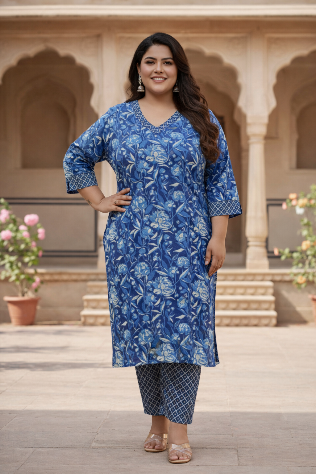 Blue Bagru Print Cotton Kurta Set(Set Of 2)