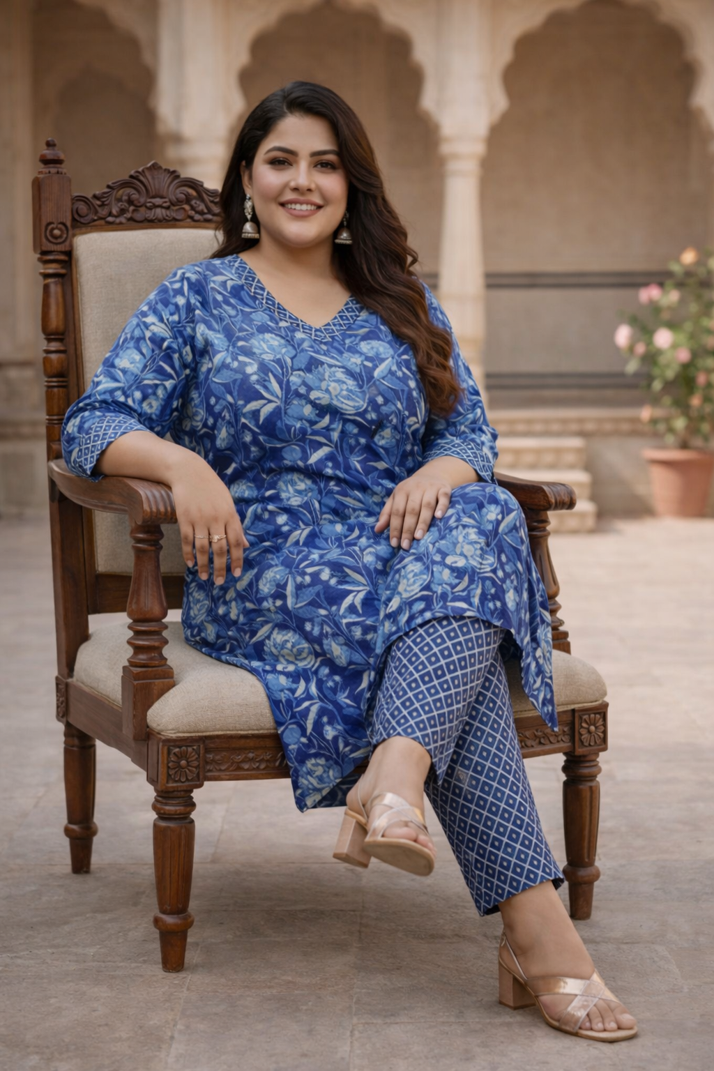 Blue Bagru Print Cotton Kurta Set(Set Of 2)