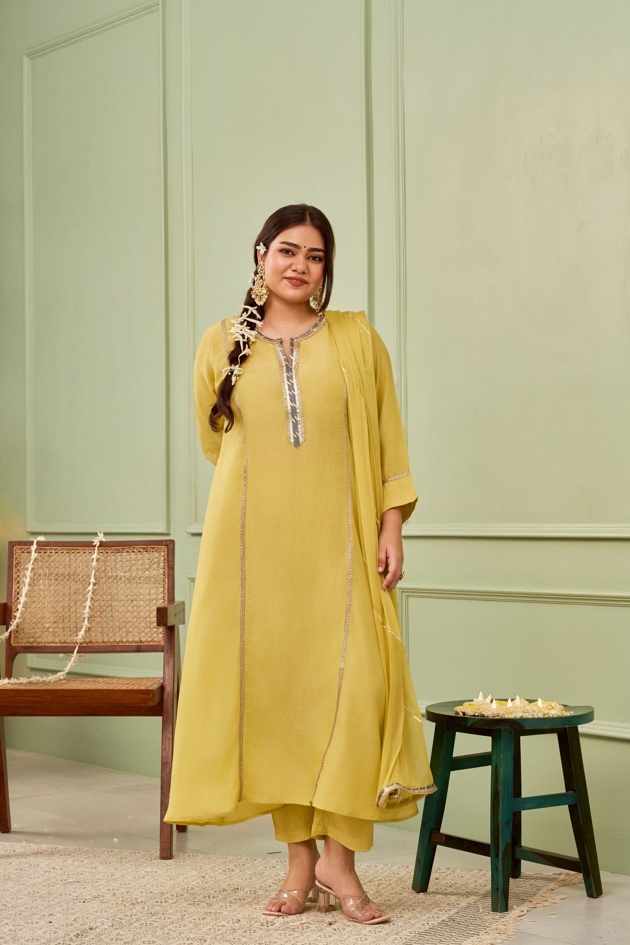 Mehendi Green Muslin 3 Kali Suit Set with Gota Details (Set of 3)