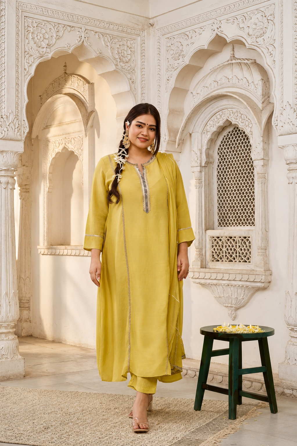 Mehendi Green Muslin 3 Kali Suit Set with Gota Details (Set of 3)
