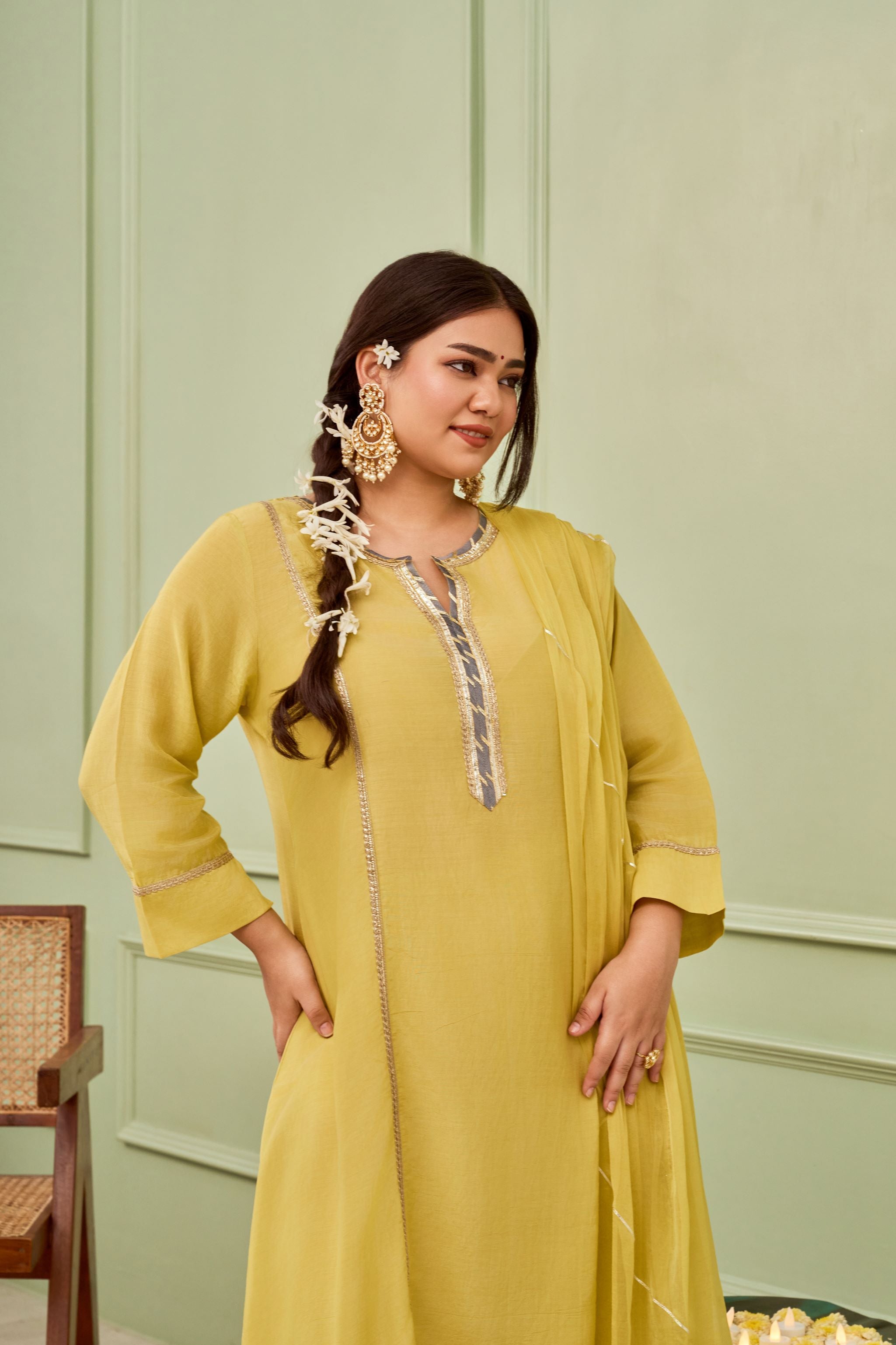 Mehendi Green Muslin 3 Kali Suit Set with Gota Details (Set of 3)