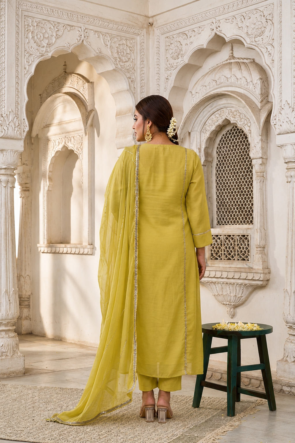 Mehendi Green Muslin Kurta Set | 3 Piece Kurta Pant Dupatta Set