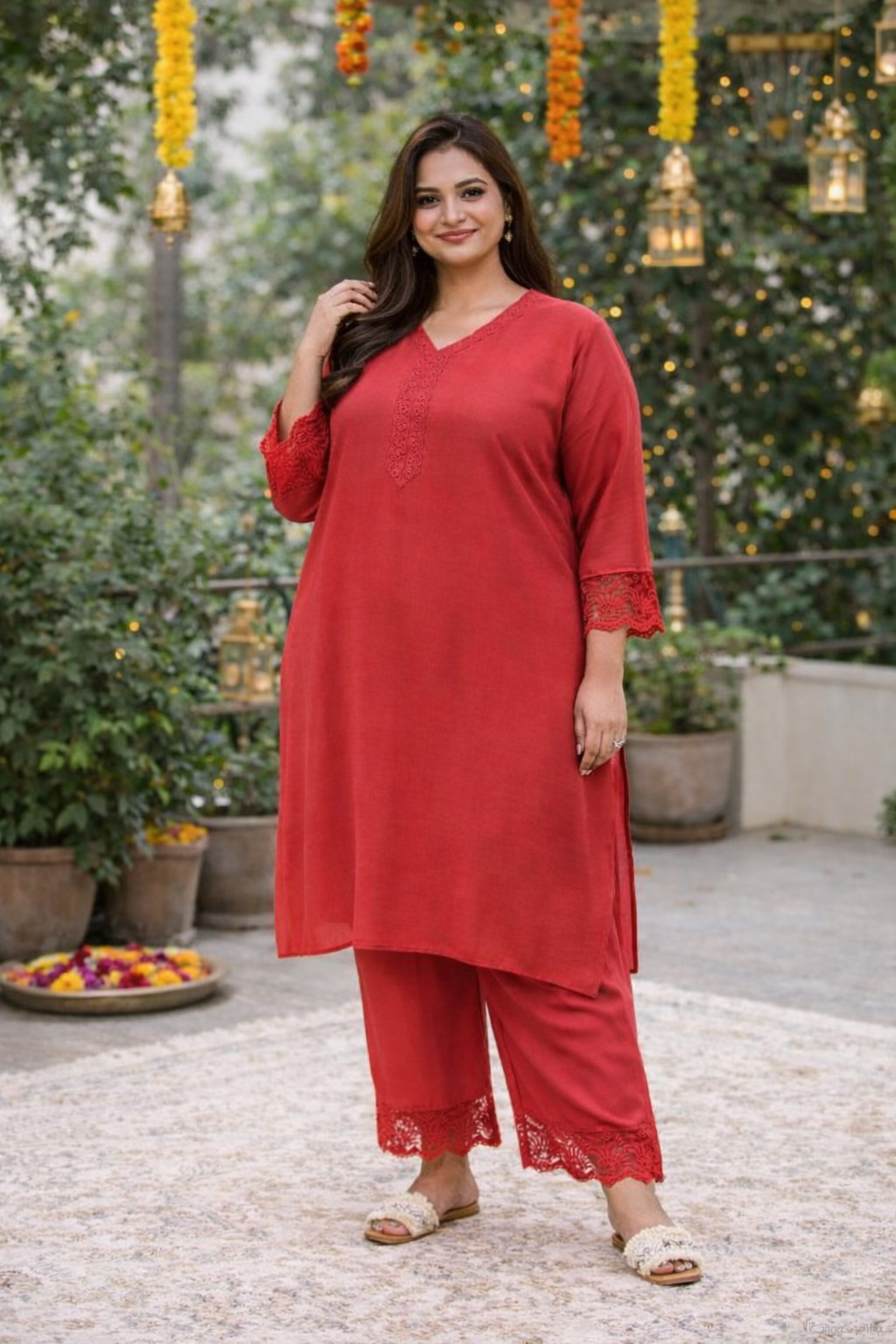 Red Muslin Kurta Set with Organza Lace -Festive Elegance ( Set of 2 )