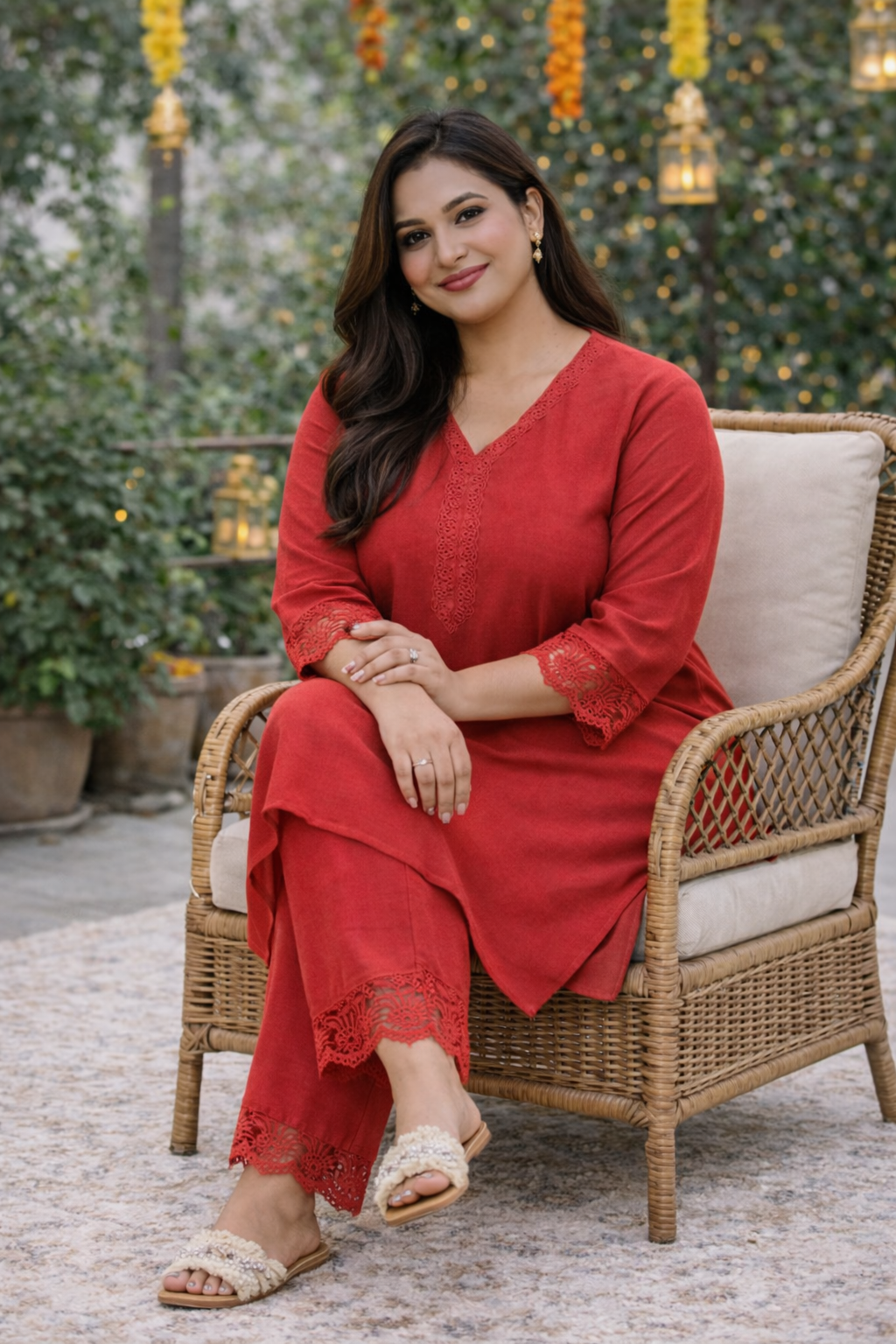 Red Muslin Kurta Set with Organza Lace -Festive Elegance ( Set of 2 )