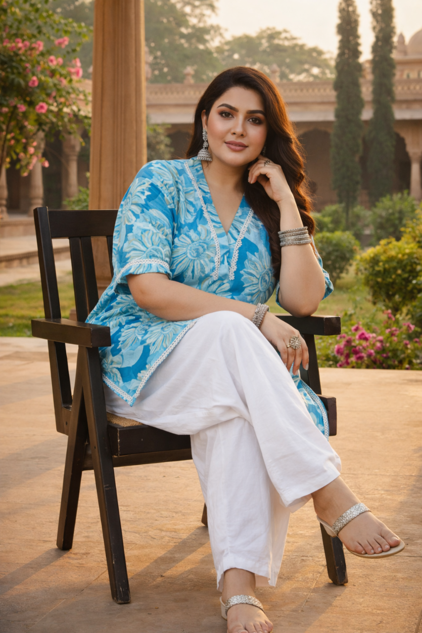 Ocean Blue Floral Cotton Kurta – Summer Prefect(only kurta)