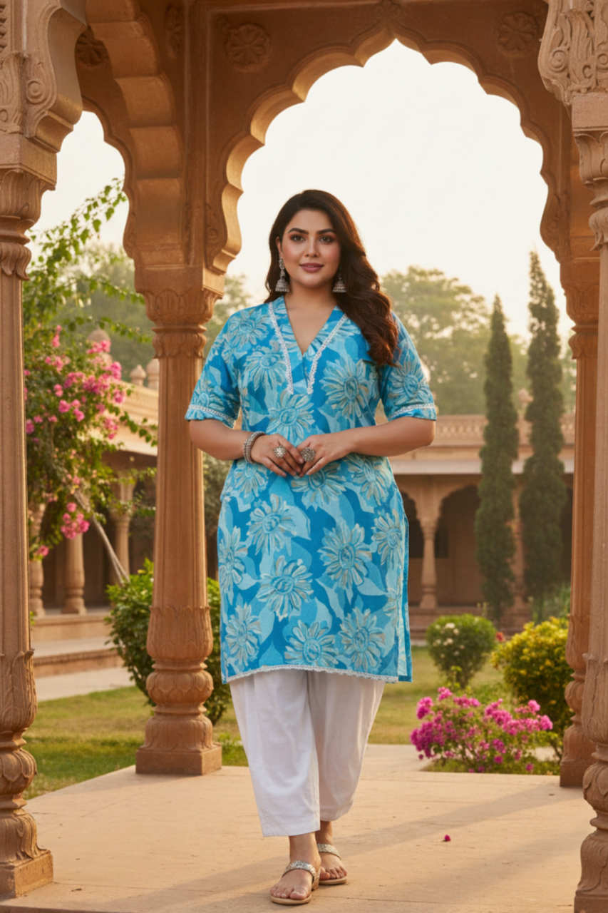 Ocean Blue Floral Cotton Kurta – Summer Prefect(only kurta)