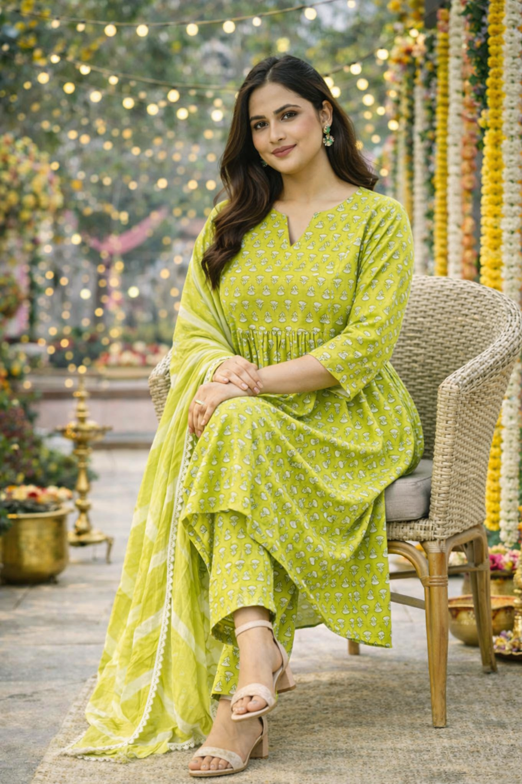 Trendy Lime Booti Kurta (Set of 3) with Leheriya Dupatta