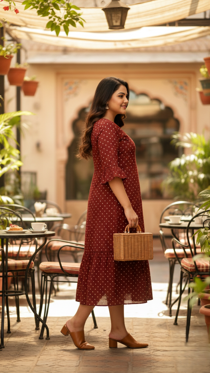 Maroon Polka Tiered Maxi Dress