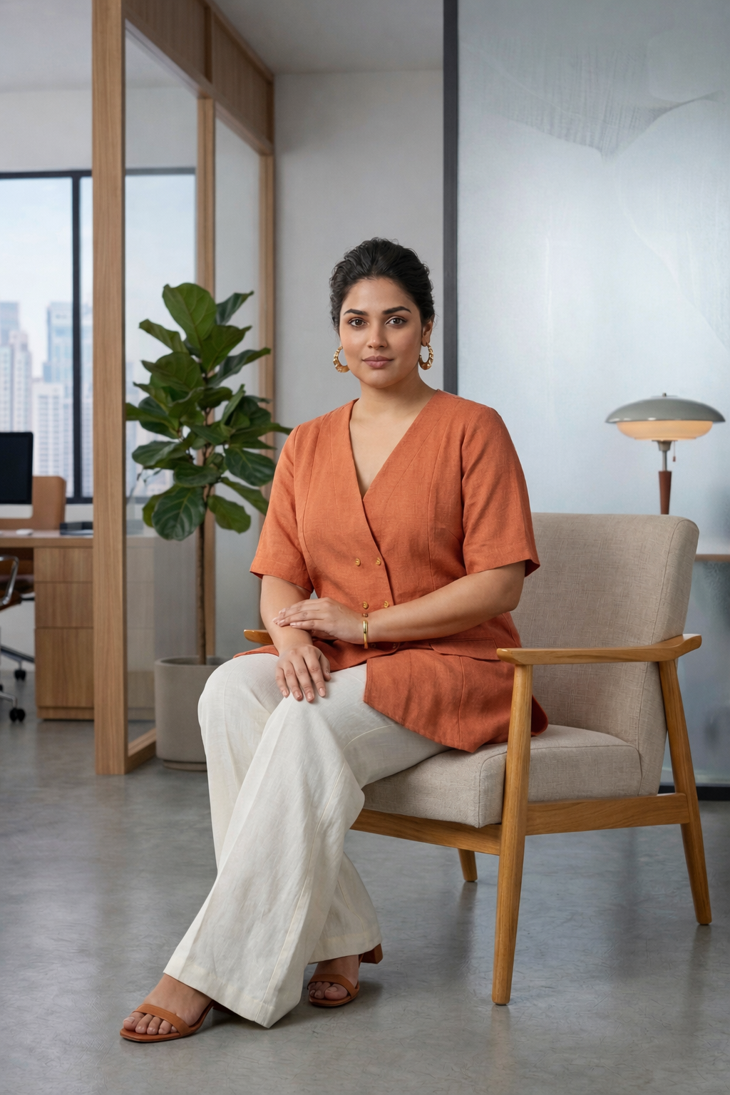 Rust Orange Short-Sleeve Linen Formal Jacket