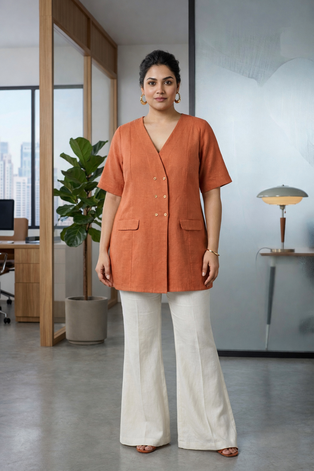 Rust Orange Short-Sleeve Linen Formal Jacket