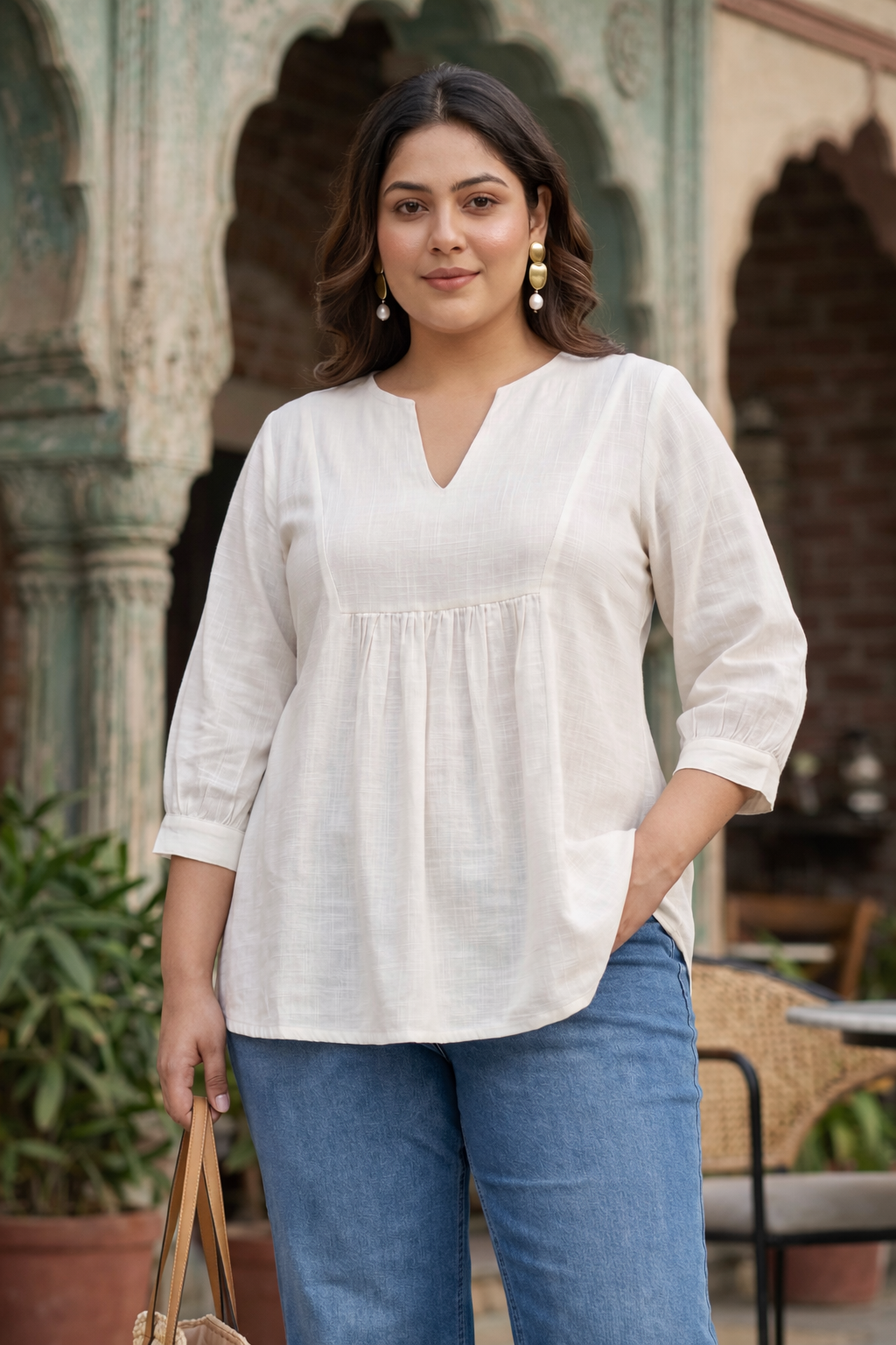 Elegant White Cotton Slub Peplum Top