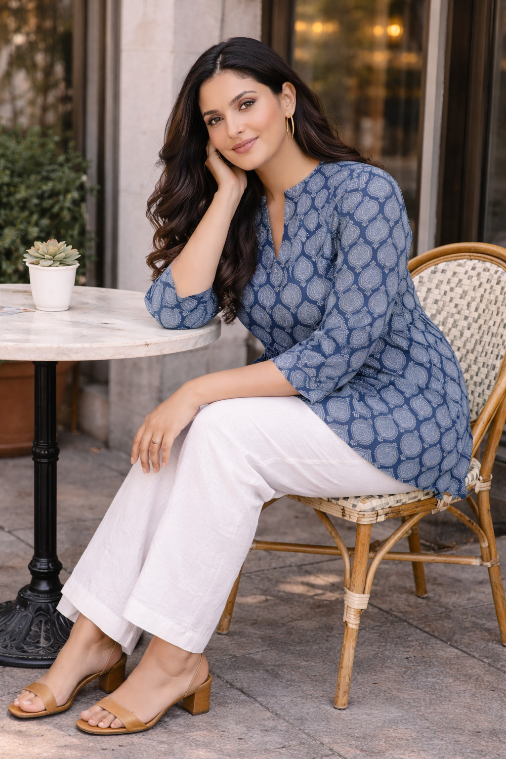 Indigo Blue Boota Print Cotton Peplum Top