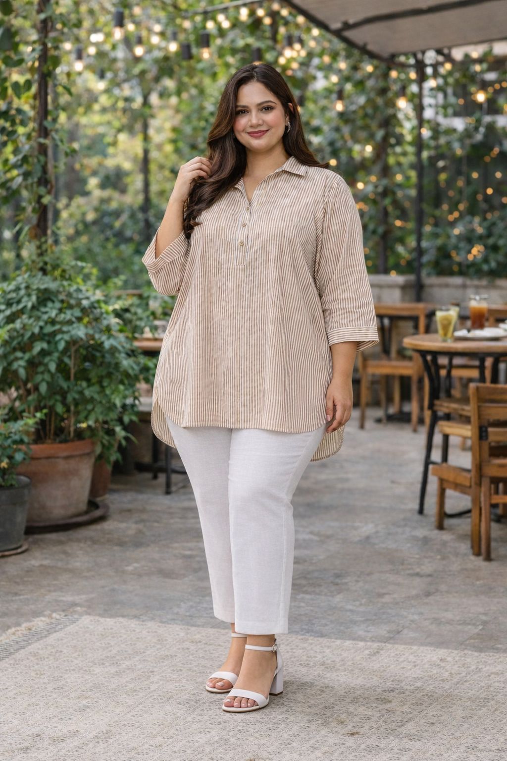 Brown Striped Hand Block Printed Top with Placket