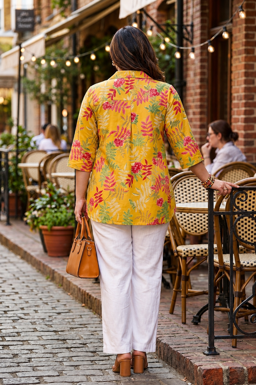 Mustard Yellow Floral Printed Casual Cotton Top (Only Top)