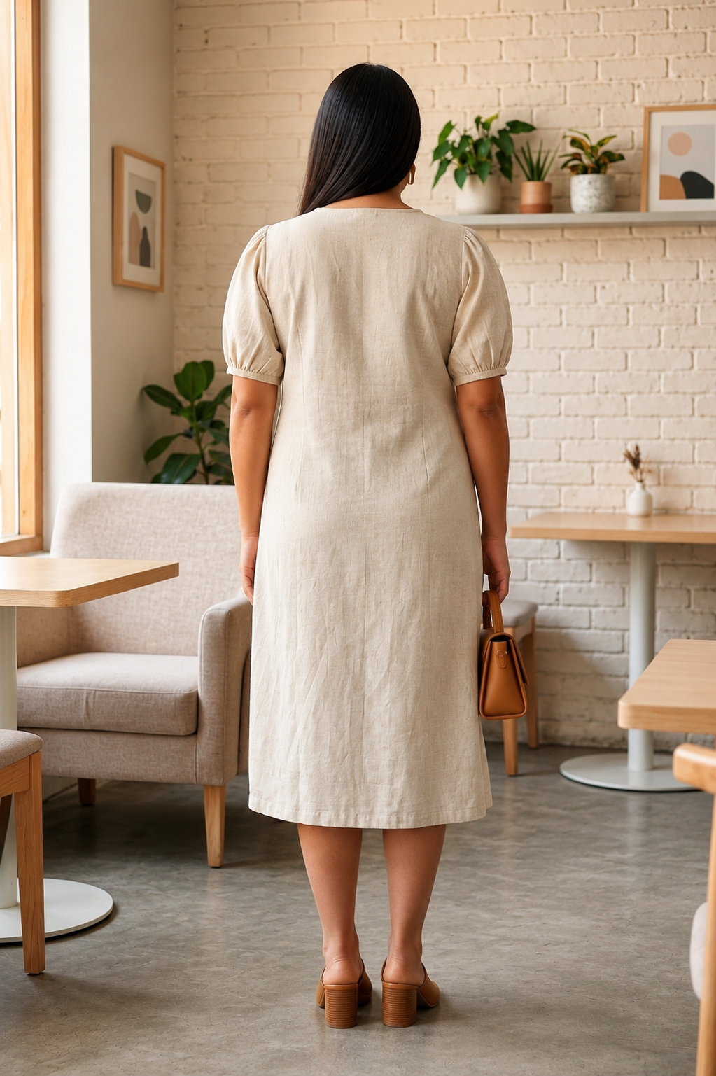 Regular Beige Solid Linen Midi Dress
