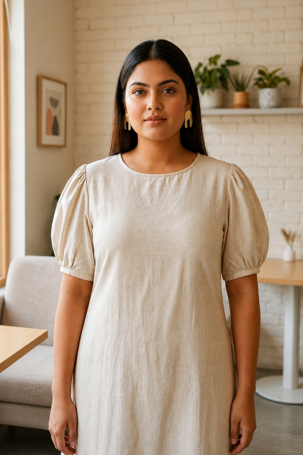 Regular Beige Solid Linen Midi Dress