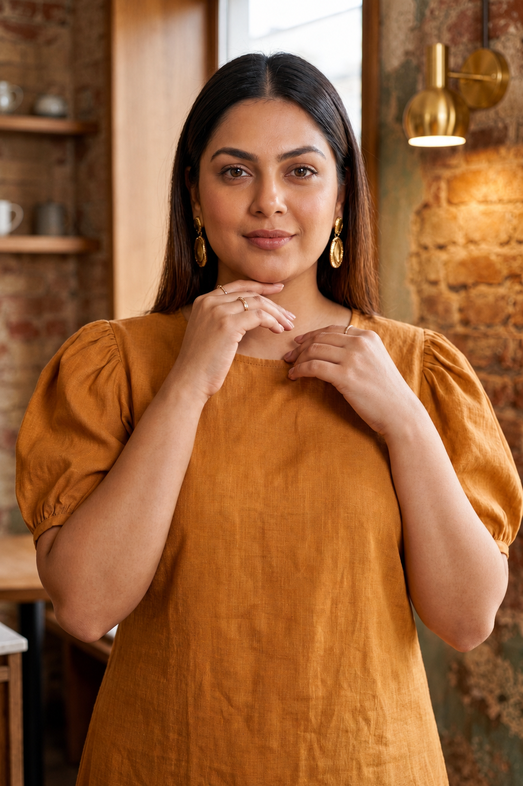 Regular Mustard Tan Solid Linen Midi Dress