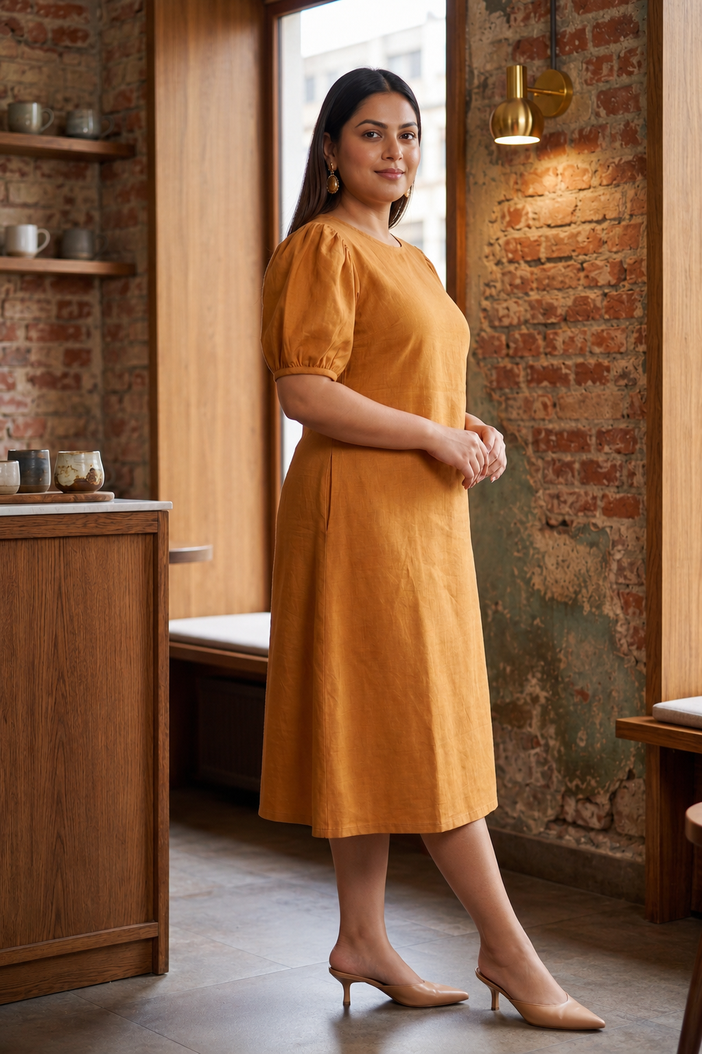 Regular Mustard Tan Solid Linen Midi Dress