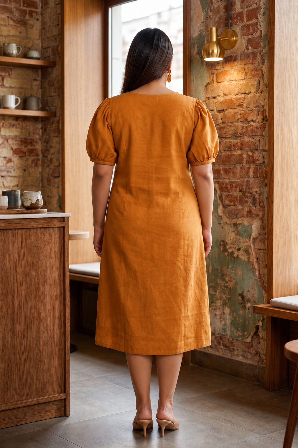 Regular Mustard Tan Solid Linen Midi Dress