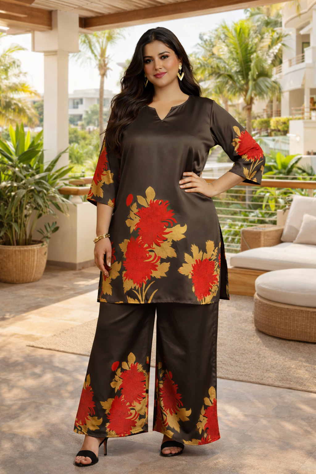 Olive Brown Floral Printed Co-Ord Set for Women