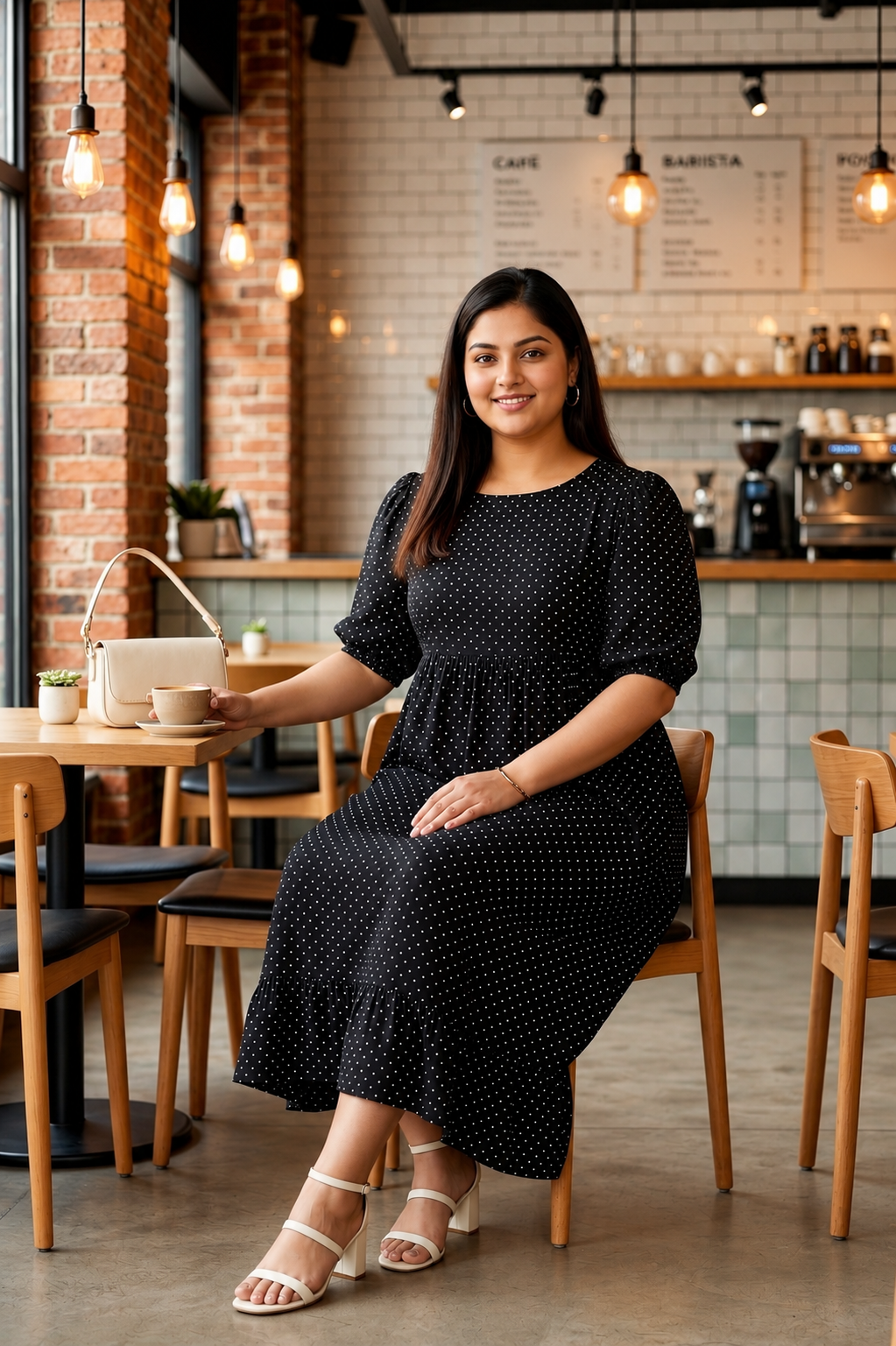 Black White Polka Dot Viscose Crepe Midi Dress