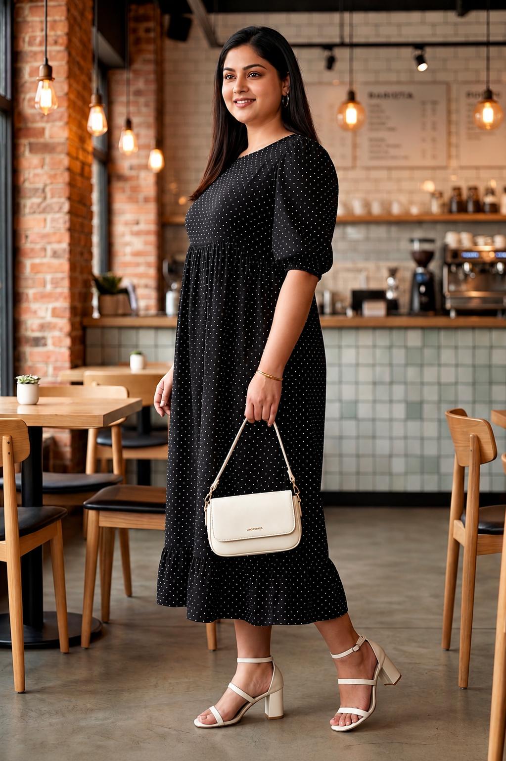 Regular Black White Polka Dot Viscose Crepe Midi Dress