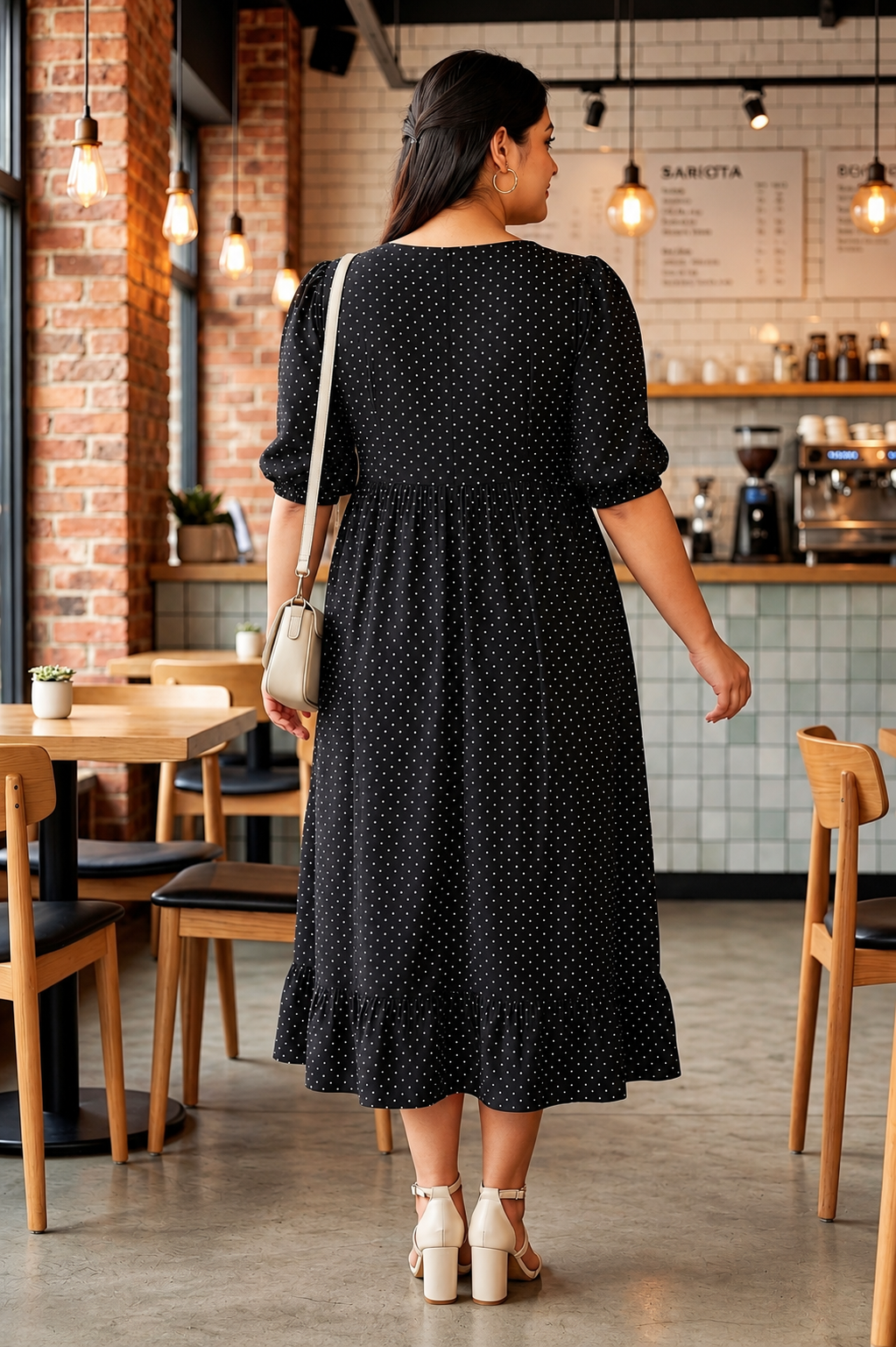 Regular Black White Polka Dot Viscose Crepe Midi Dress