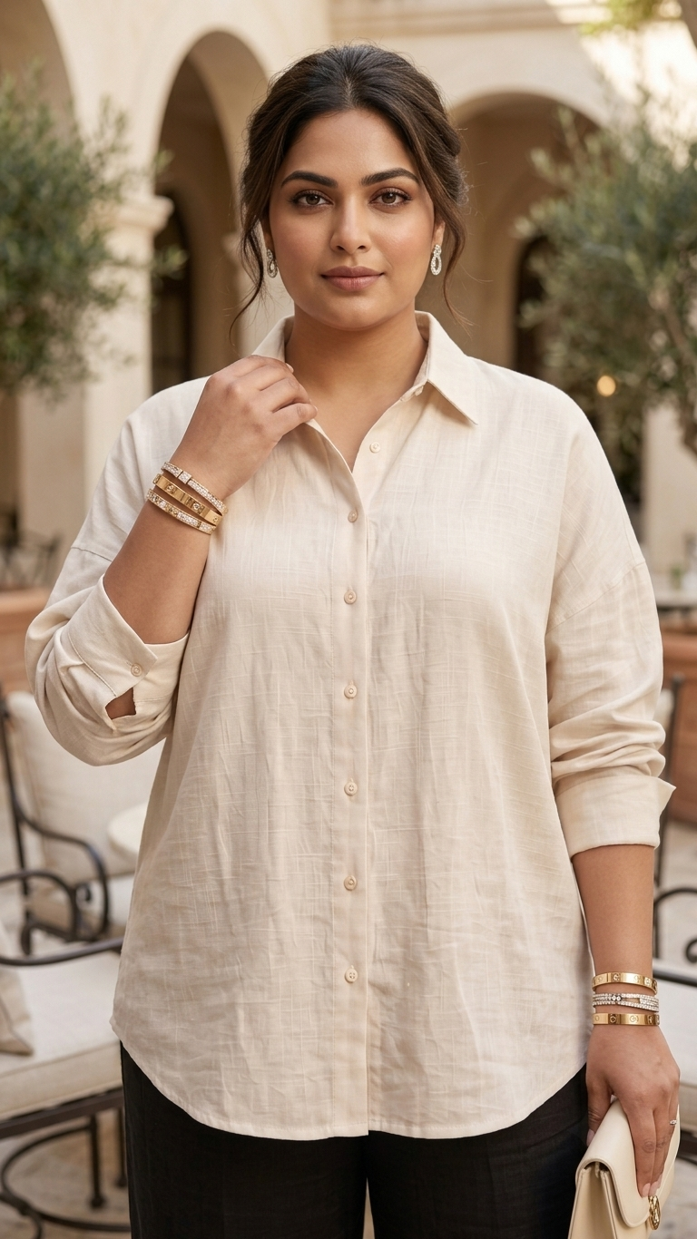Plus Size Cotton Linen Shirt – Relaxed Fit Collared Shirt