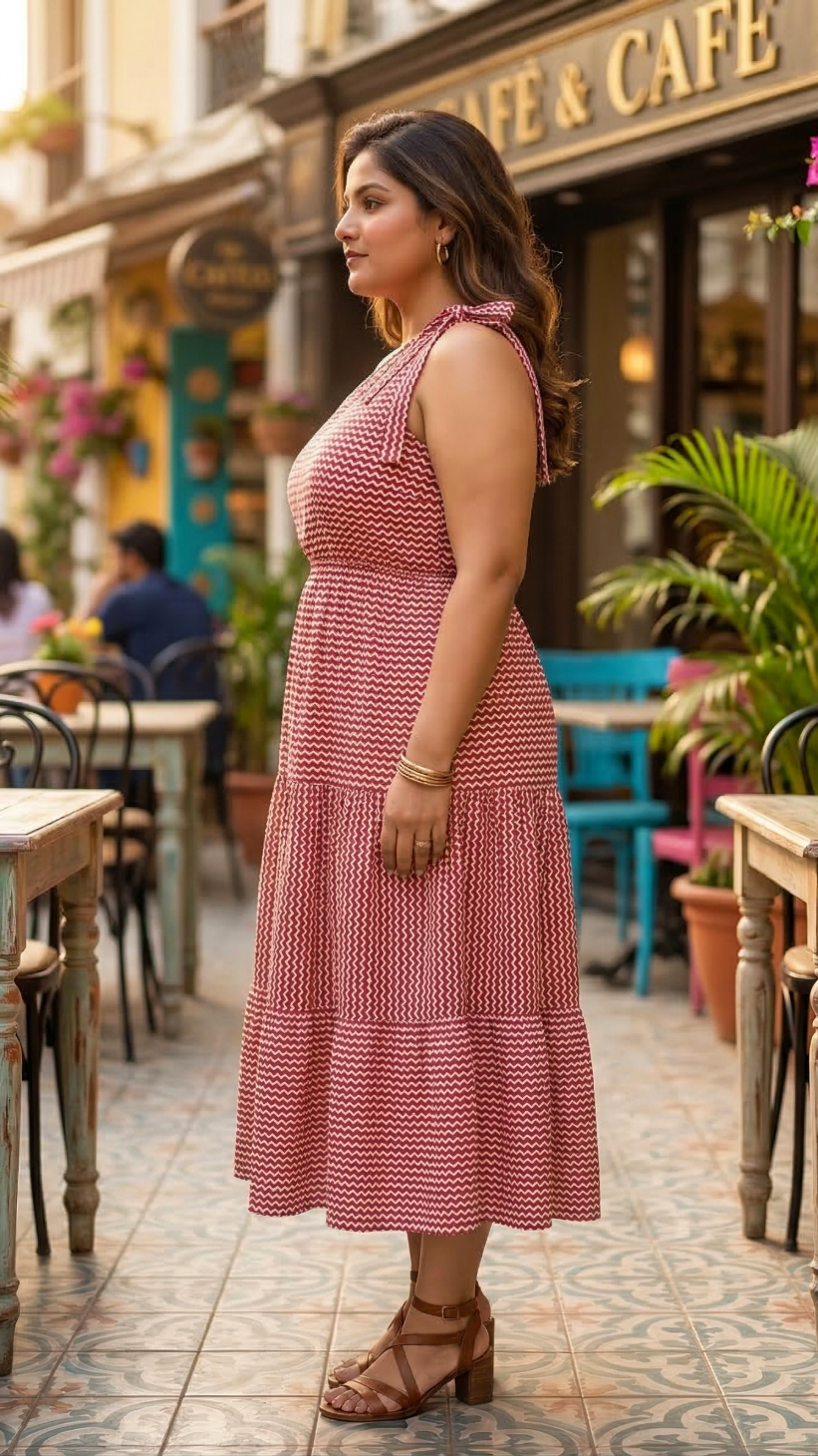 Plus Size Red Printed Cotton One Shoulder Midi Dress for Women – Stylish Casual Wear