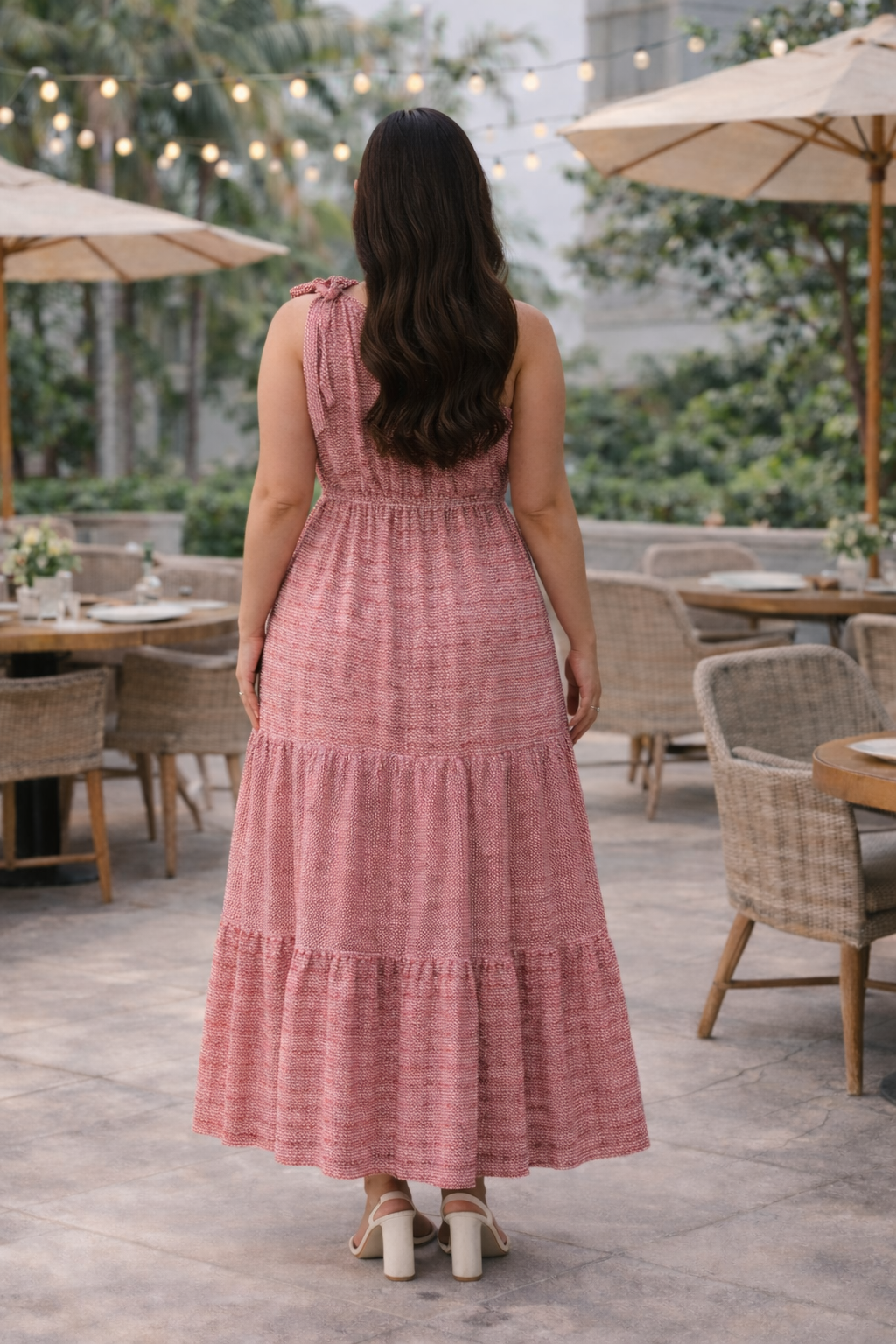 Muted Red One-Shoulder Tiered Cotton Maxi Dress