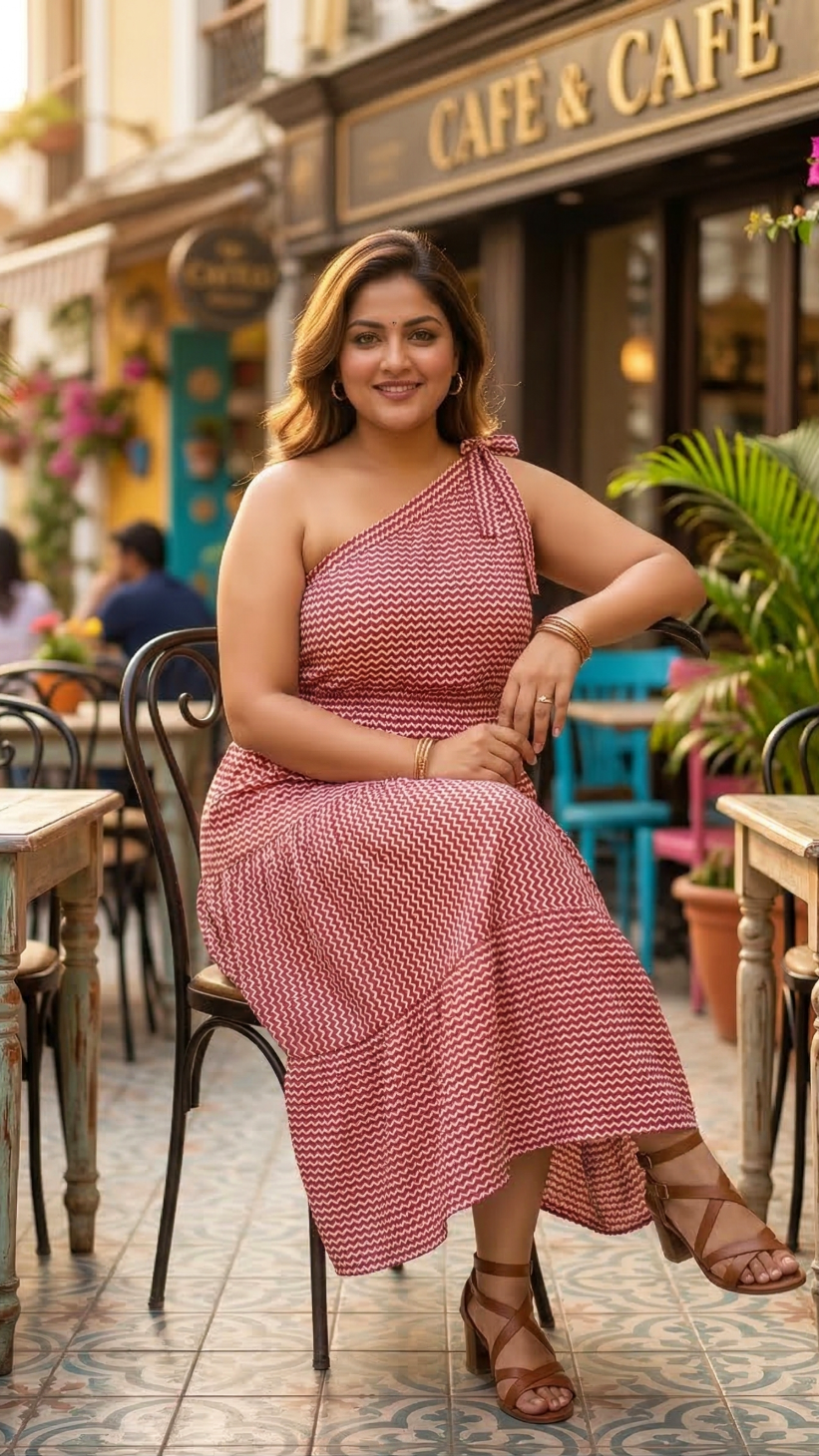 Plus Size Red Printed Cotton One Shoulder Midi Dress for Women – Stylish Casual Wear