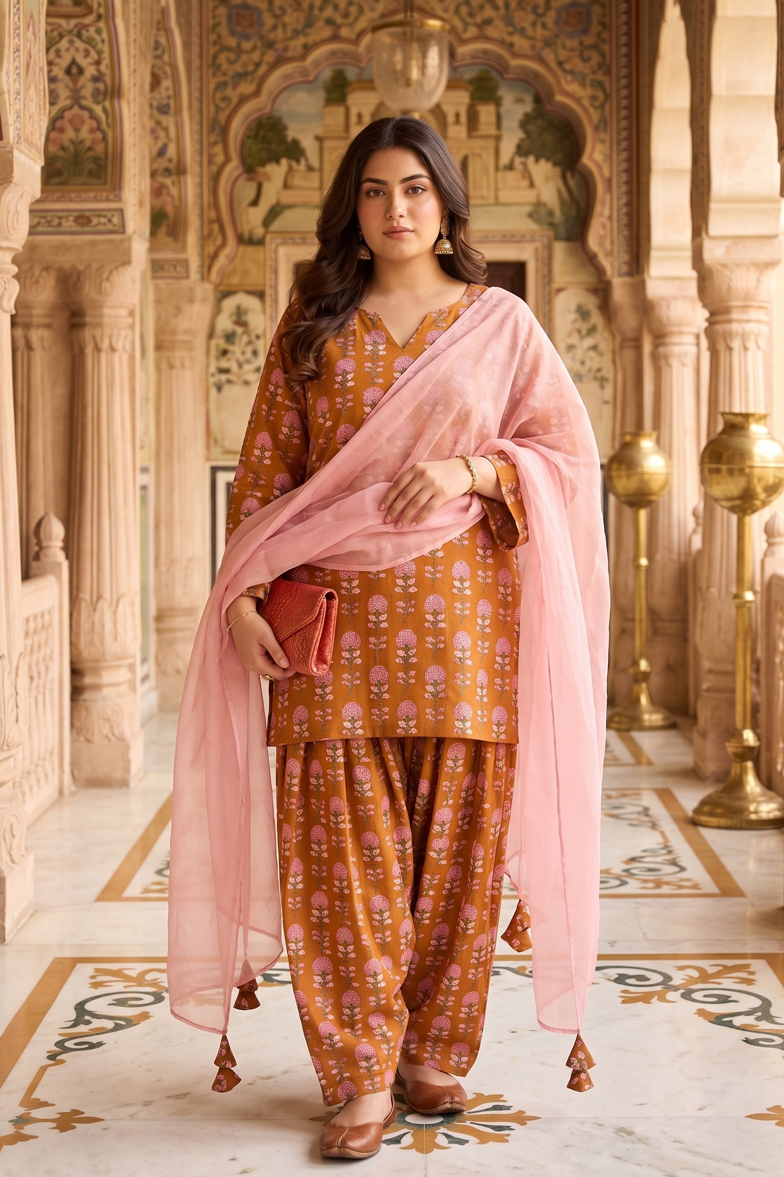 Plus Size Mustard Cotton Printed Kurta Set with Mulmul Dupatta