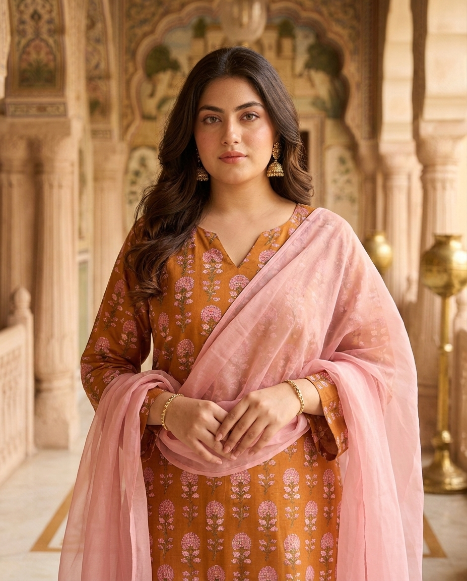 Plus Size Mustard Cotton Printed Kurta Set with Mulmul Dupatta