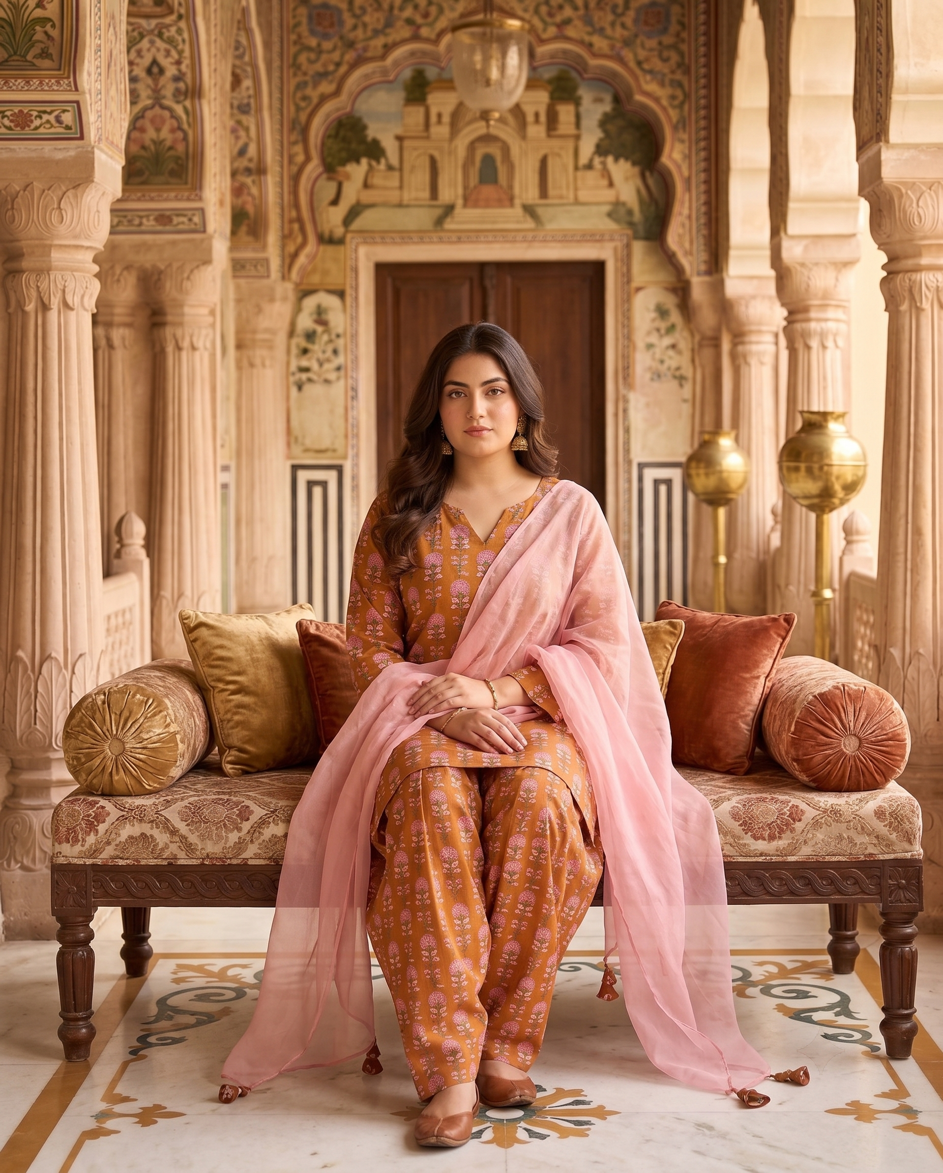 Plus Size Mustard Cotton Printed Kurta Set with Mulmul Dupatta