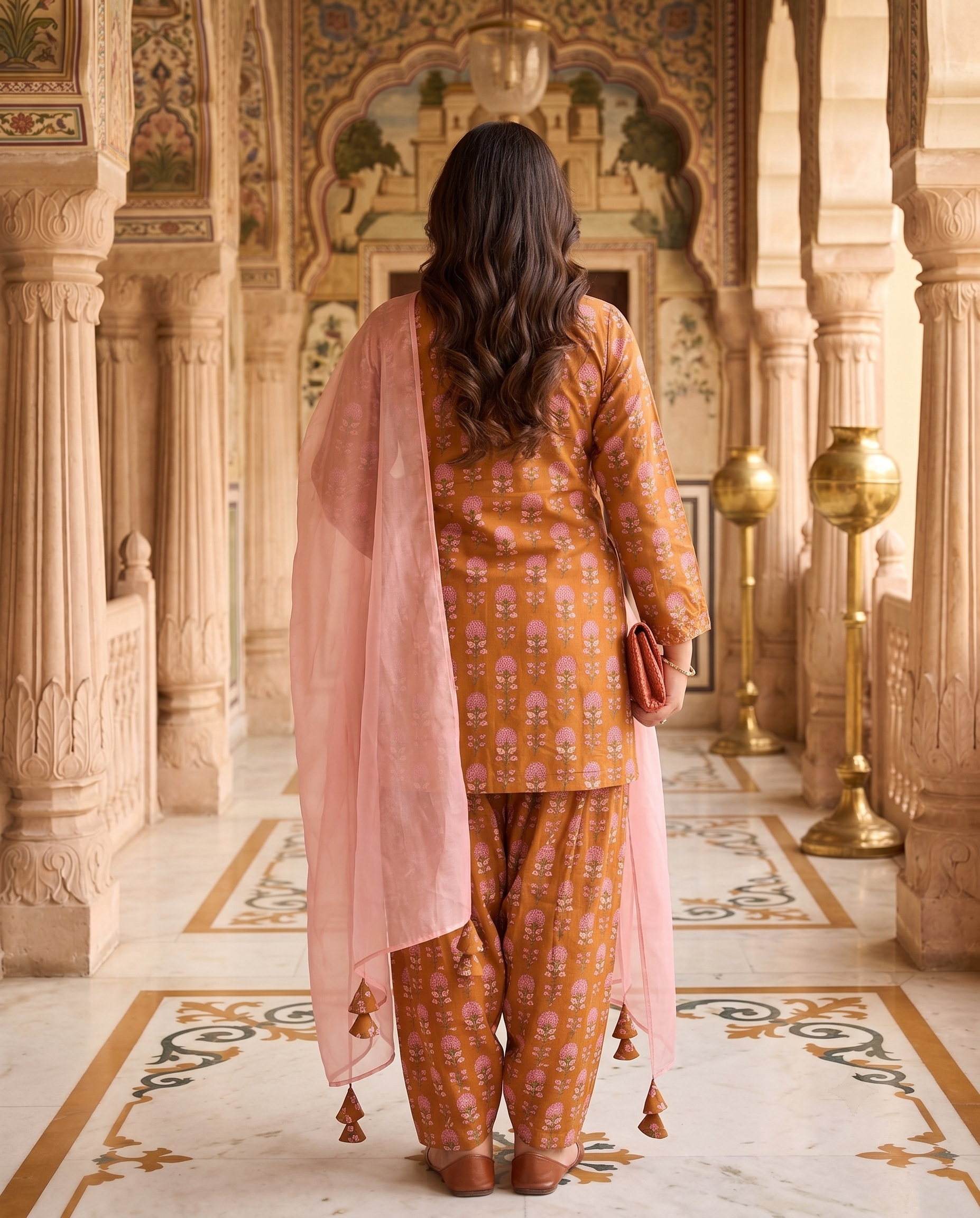 Plus Size Mustard Cotton Printed Kurta Set with Mulmul Dupatta