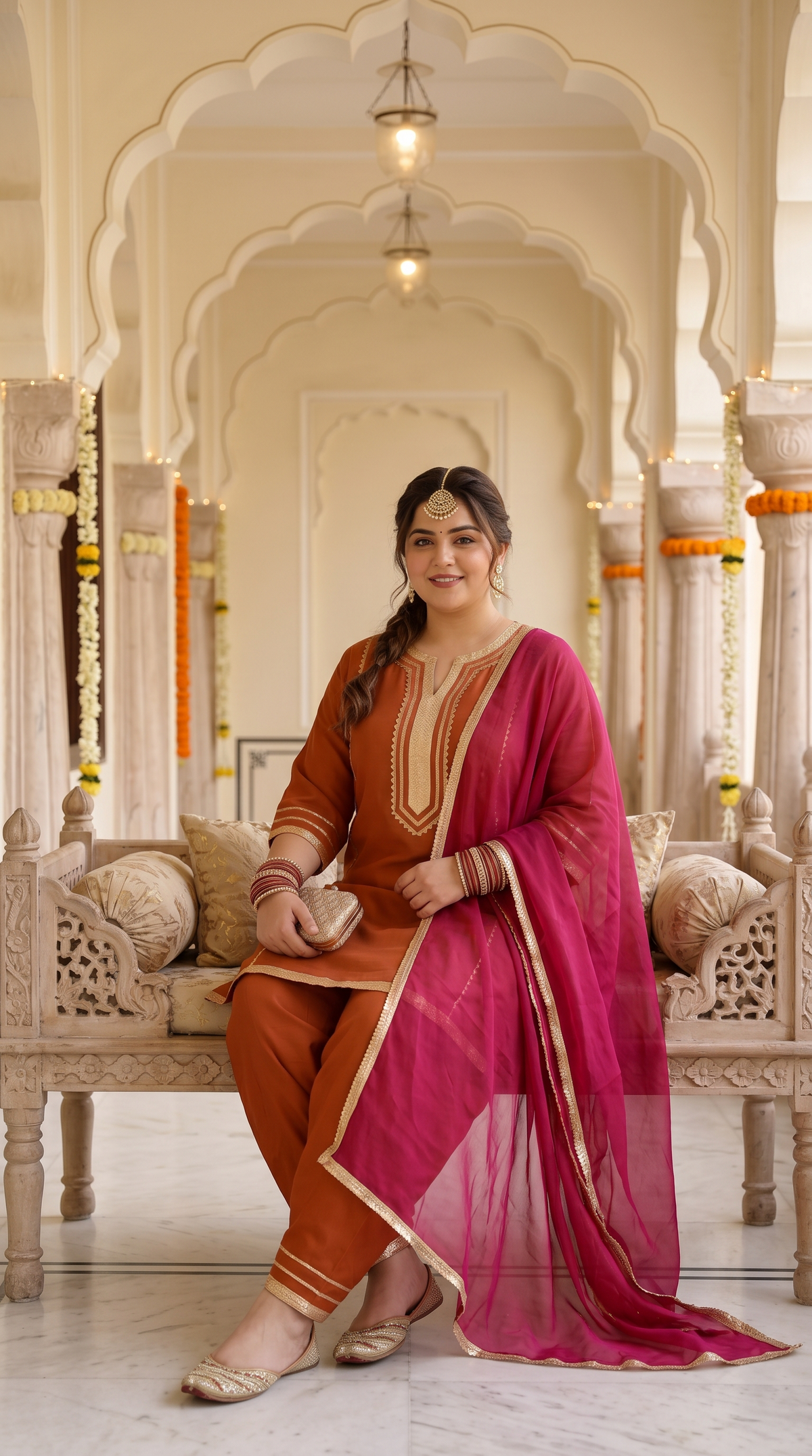 Plus Size Orange Silk Kurta Salwar Suit Set with Gotta Patti Laces(set of 3)