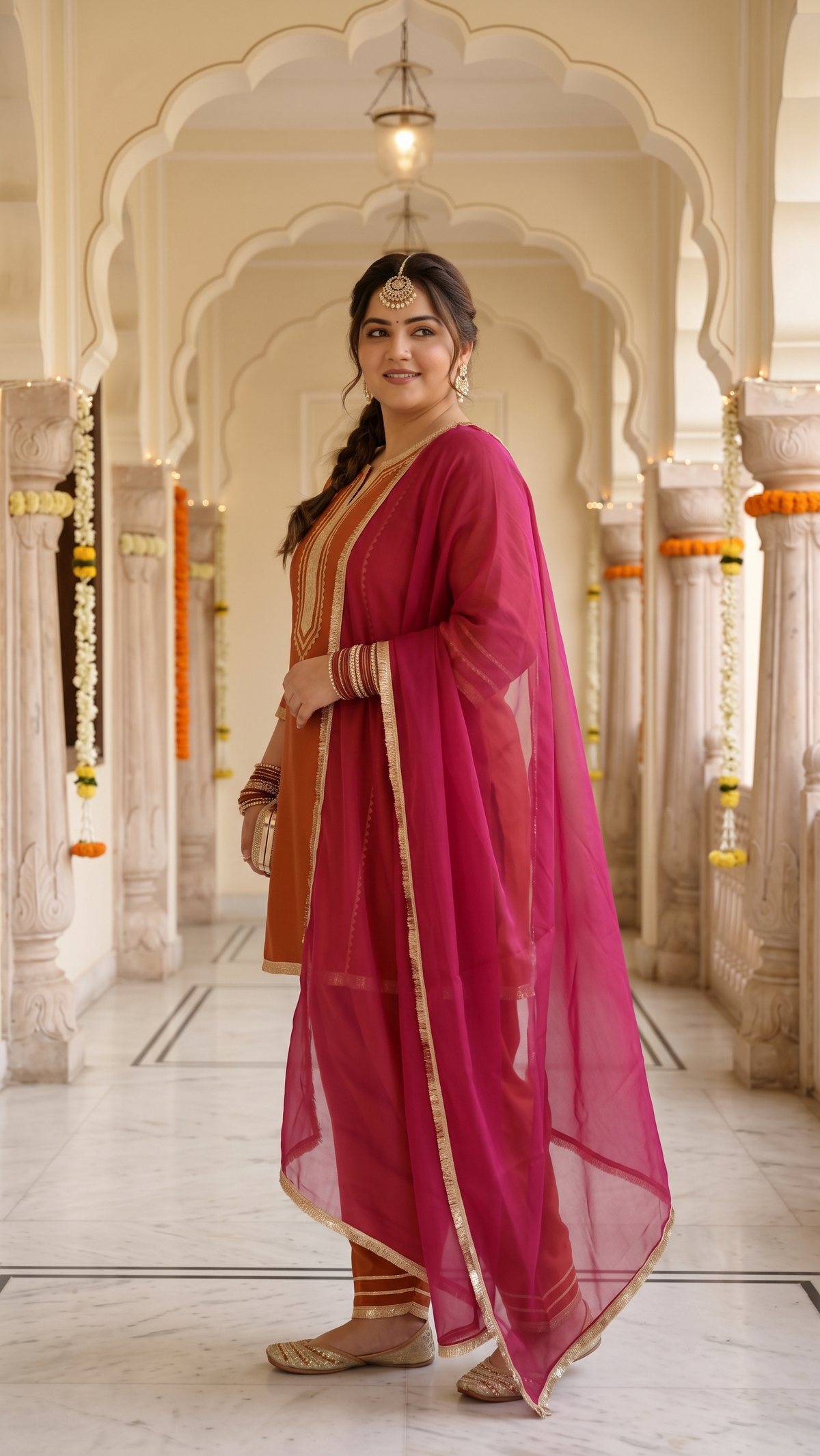 Plus Size Orange Silk Kurta Salwar Suit Set with Gotta Patti Laces(set of 3)